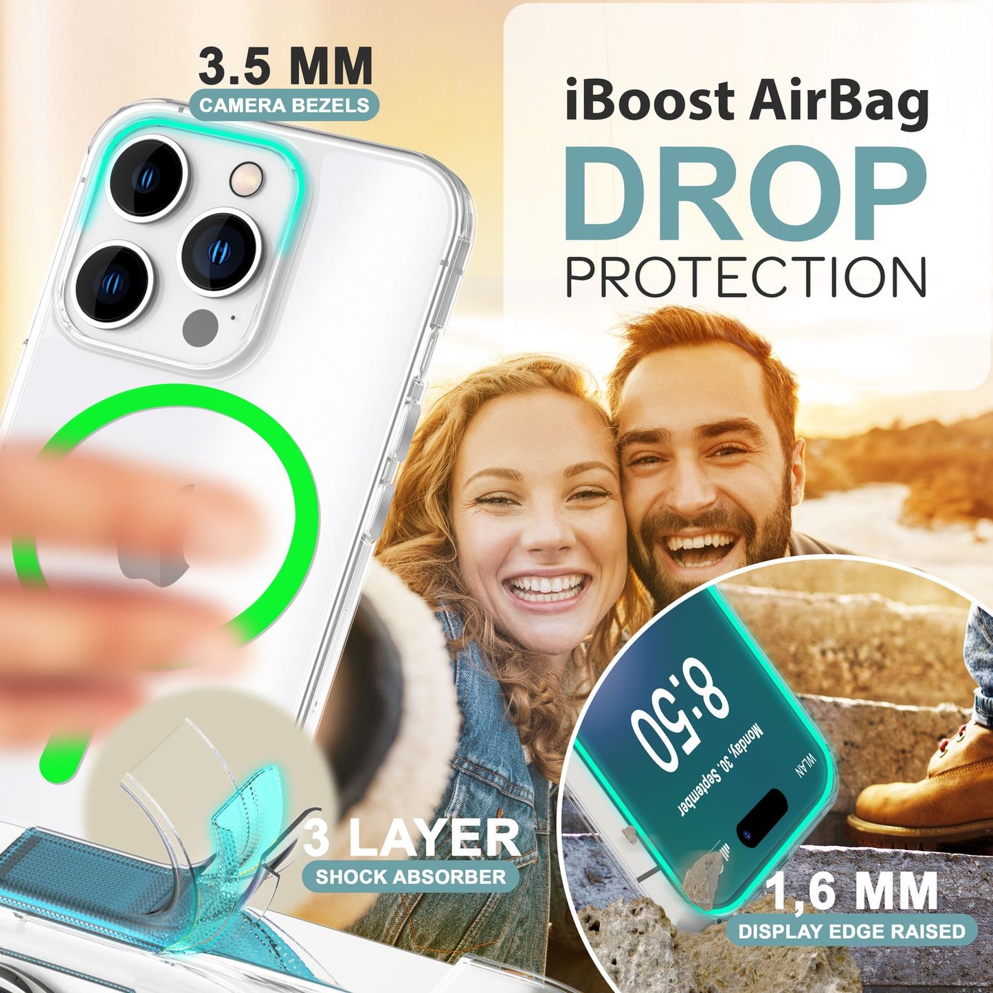 Husă NALIA Clear MagSafe din acril pentru iPhone 16 Pro Max, inel neon colorat cu efect de strălucire nocturnă, husă robustă pentru telefon