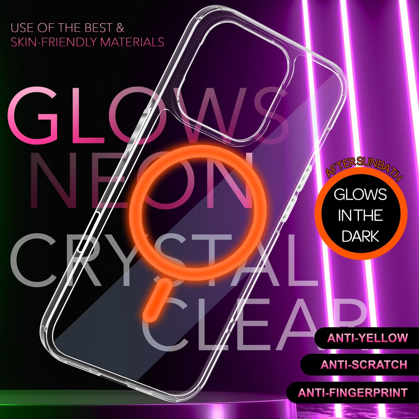 Husă NALIA Clear MagSafe din acril pentru iPhone 16 Pro Max, inel neon colorat cu efect de strălucire nocturnă, husă robustă pentru telefon
