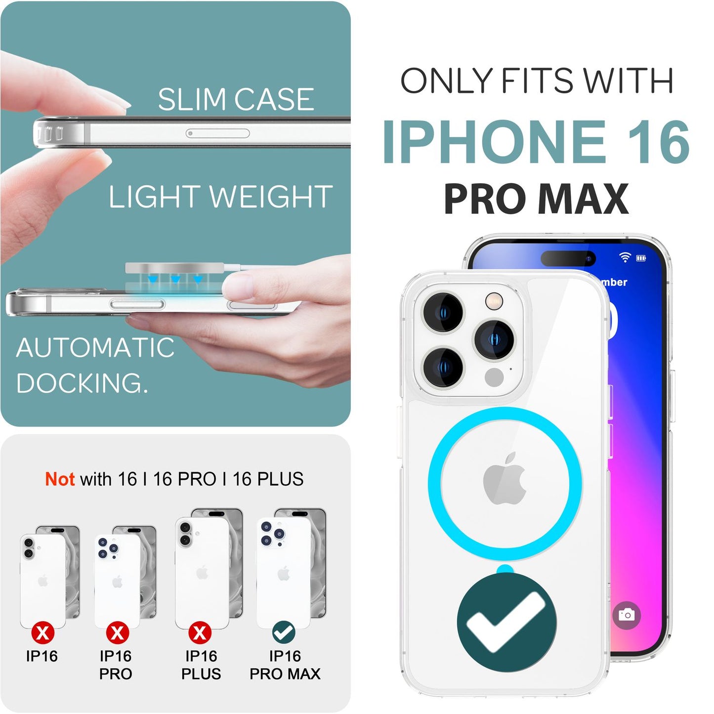 Husă NALIA Clear MagSafe din acril pentru iPhone 16 Pro Max, inel neon colorat cu efect de strălucire nocturnă, husă robustă pentru telefon