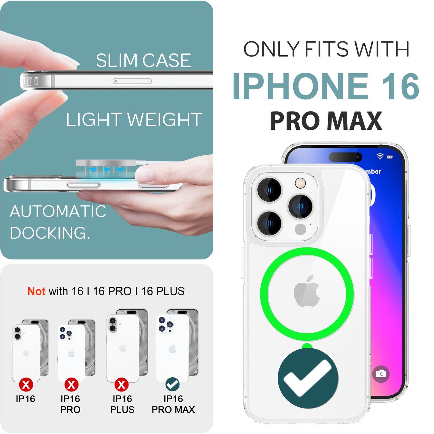 Husă NALIA Clear MagSafe din acril pentru iPhone 16 Pro Max, inel neon colorat cu efect de strălucire nocturnă, husă robustă pentru telefon