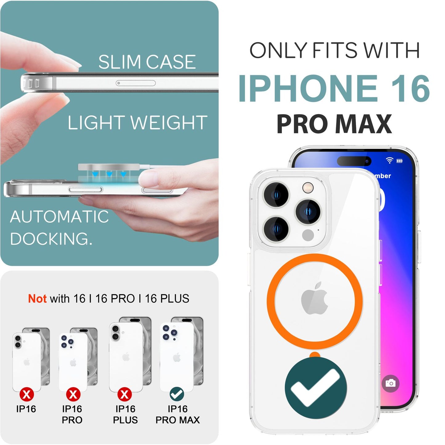 Husă NALIA Clear MagSafe din acril pentru iPhone 16 Pro Max, inel neon colorat cu efect de strălucire nocturnă, husă robustă pentru telefon