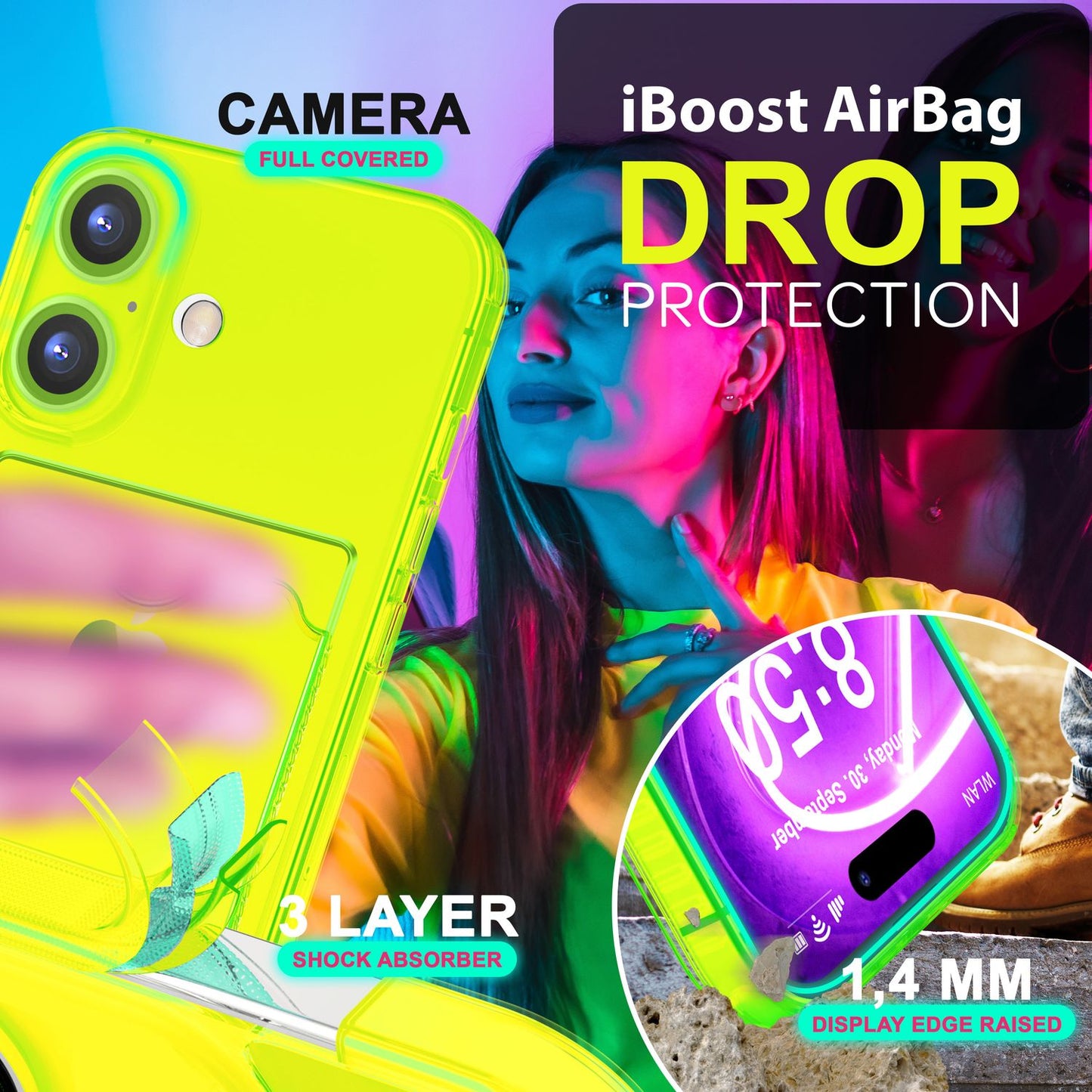 Nalia Neon Hülle Kartenhalter - Kartenfach 2 Karten Dünn Silikon