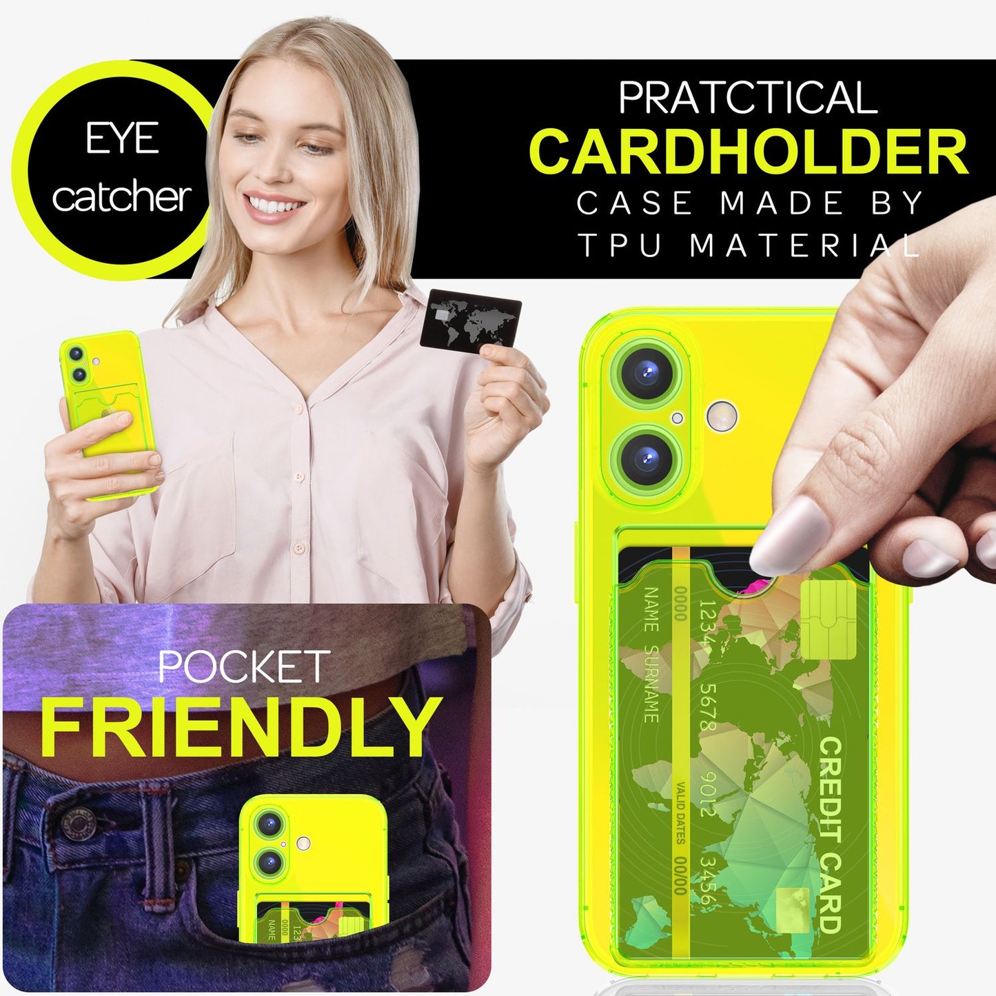 Nalia Neon Hülle Kartenhalter - Kartenfach 2 Karten Dünn Silikon