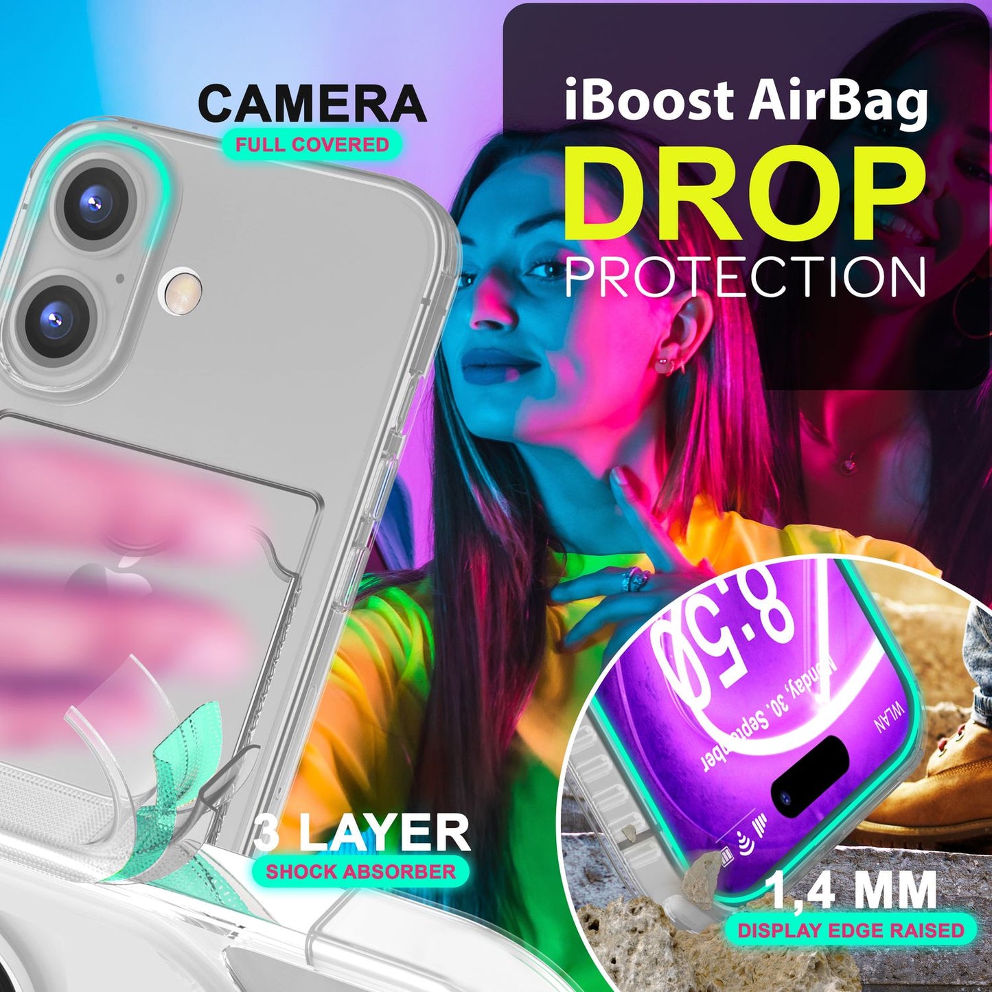 Nalia Neon Hülle Kartenhalter - Kartenfach 2 Karten Dünn Silikon