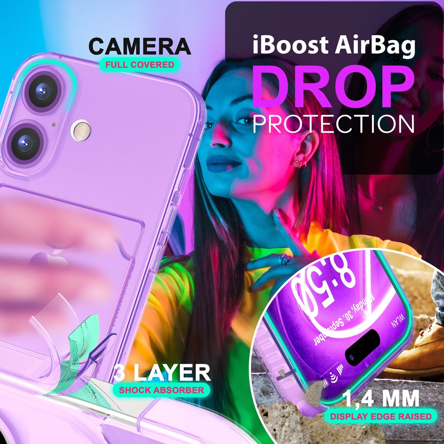 Nalia Neon Hülle Kartenhalter - Kartenfach 2 Karten Dünn Silikon