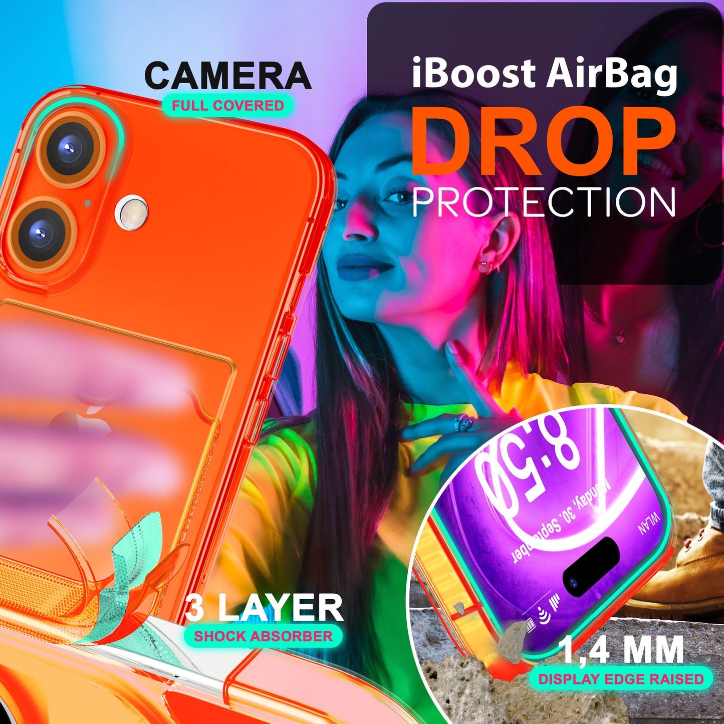 Nalia Neon Hülle Kartenhalter - Kartenfach 2 Karten Dünn Silikon