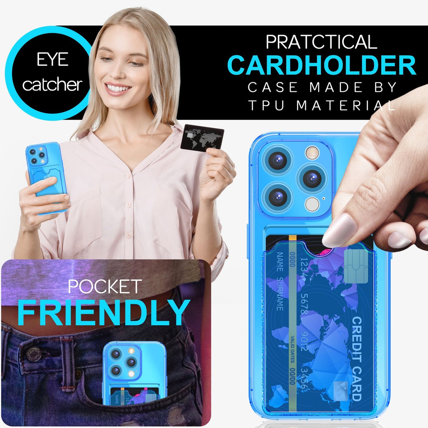 NALIA Klare Neon Hülle mit Kartenhalter für iPhone 16 Pro, Bunte Handyhülle mit Kartenfach, Silikon Durchsichtig