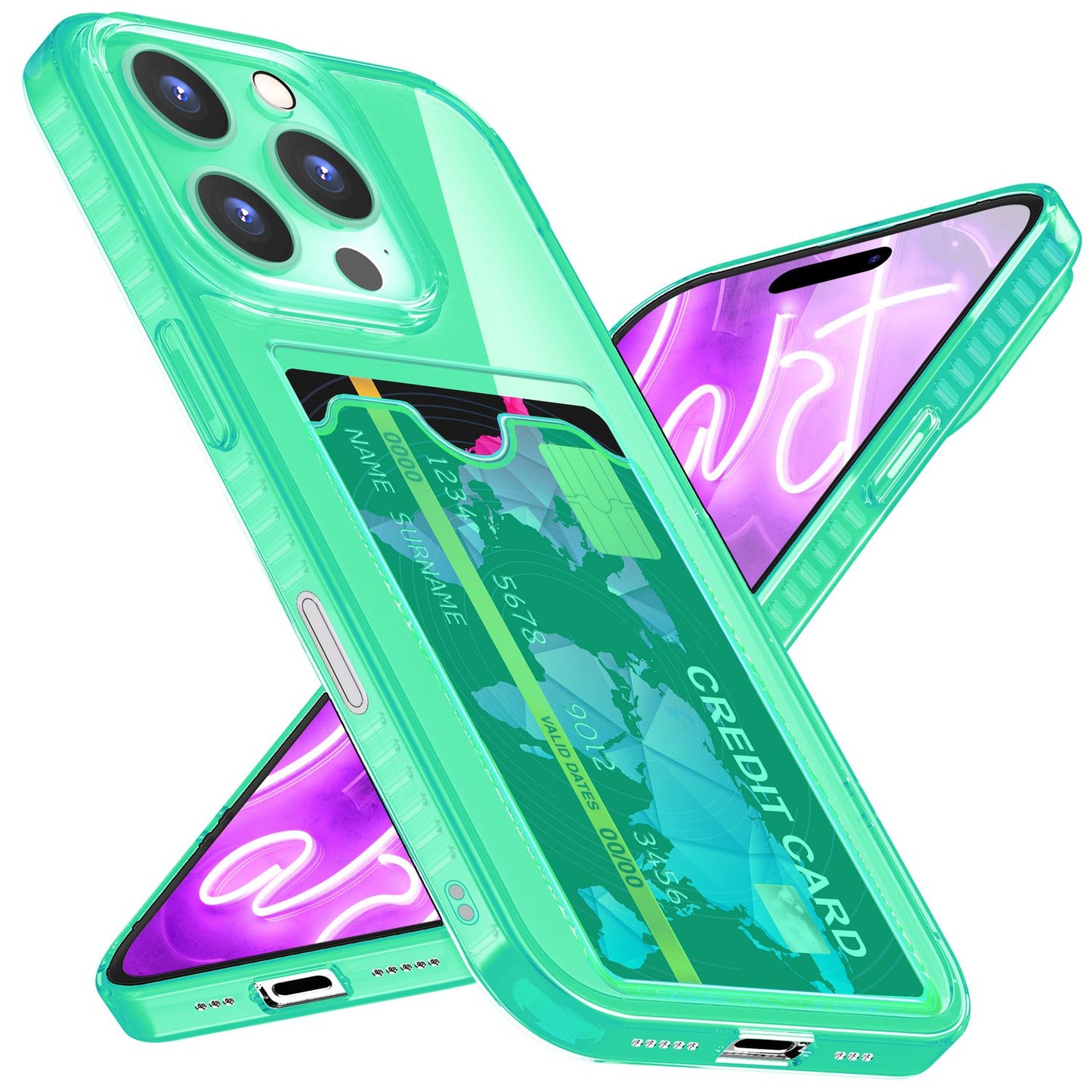 NALIA Klare Neon Hülle mit Kartenhalter für iPhone 16 Pro, Bunte Handyhülle mit Kartenfach, Silikon Durchsichtig