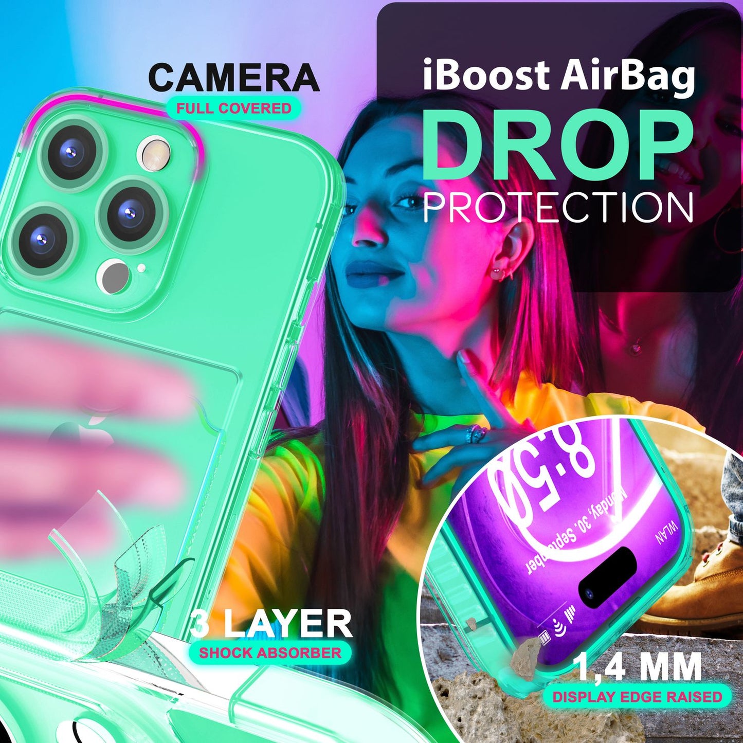 NALIA Klare Neon Hülle mit Kartenhalter für iPhone 16 Pro, Bunte Handyhülle mit Kartenfach, Silikon Durchsichtig