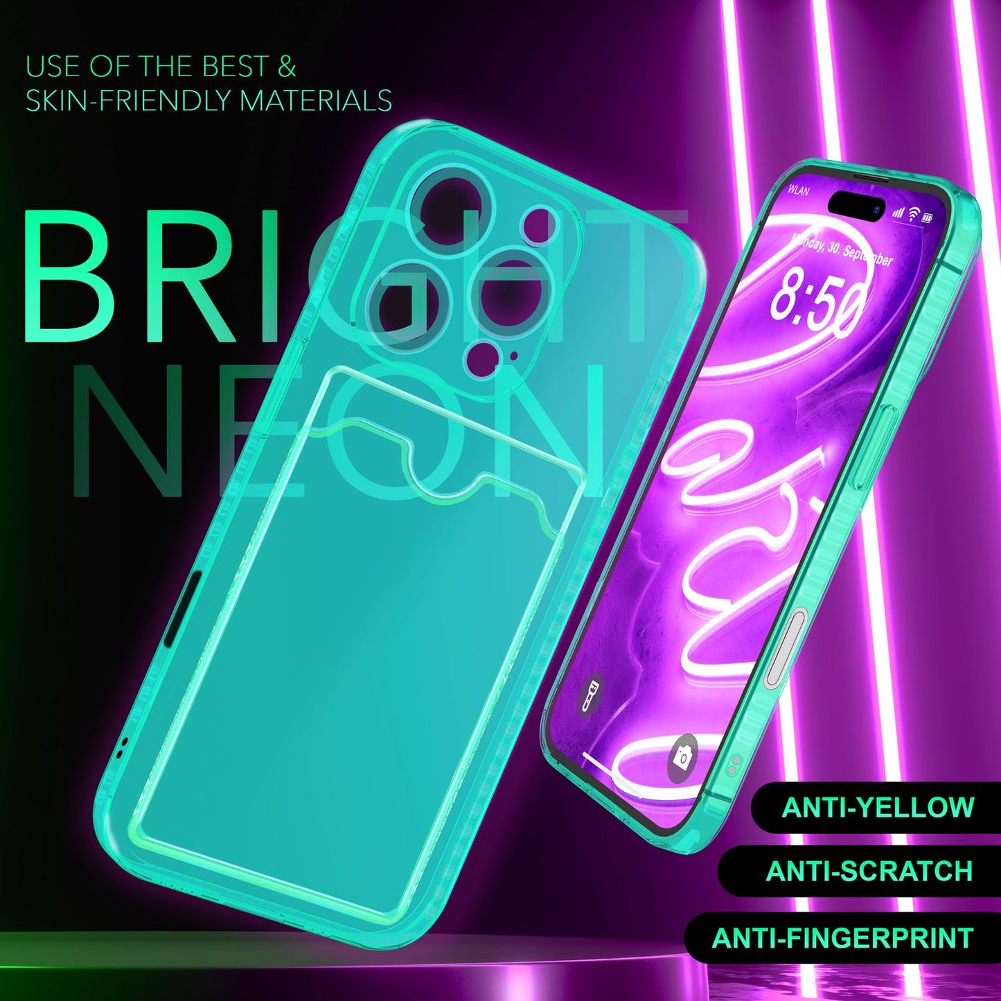 NALIA Klare Neon Hülle mit Kartenhalter für iPhone 16 Pro, Bunte Handyhülle mit Kartenfach, Silikon Durchsichtig
