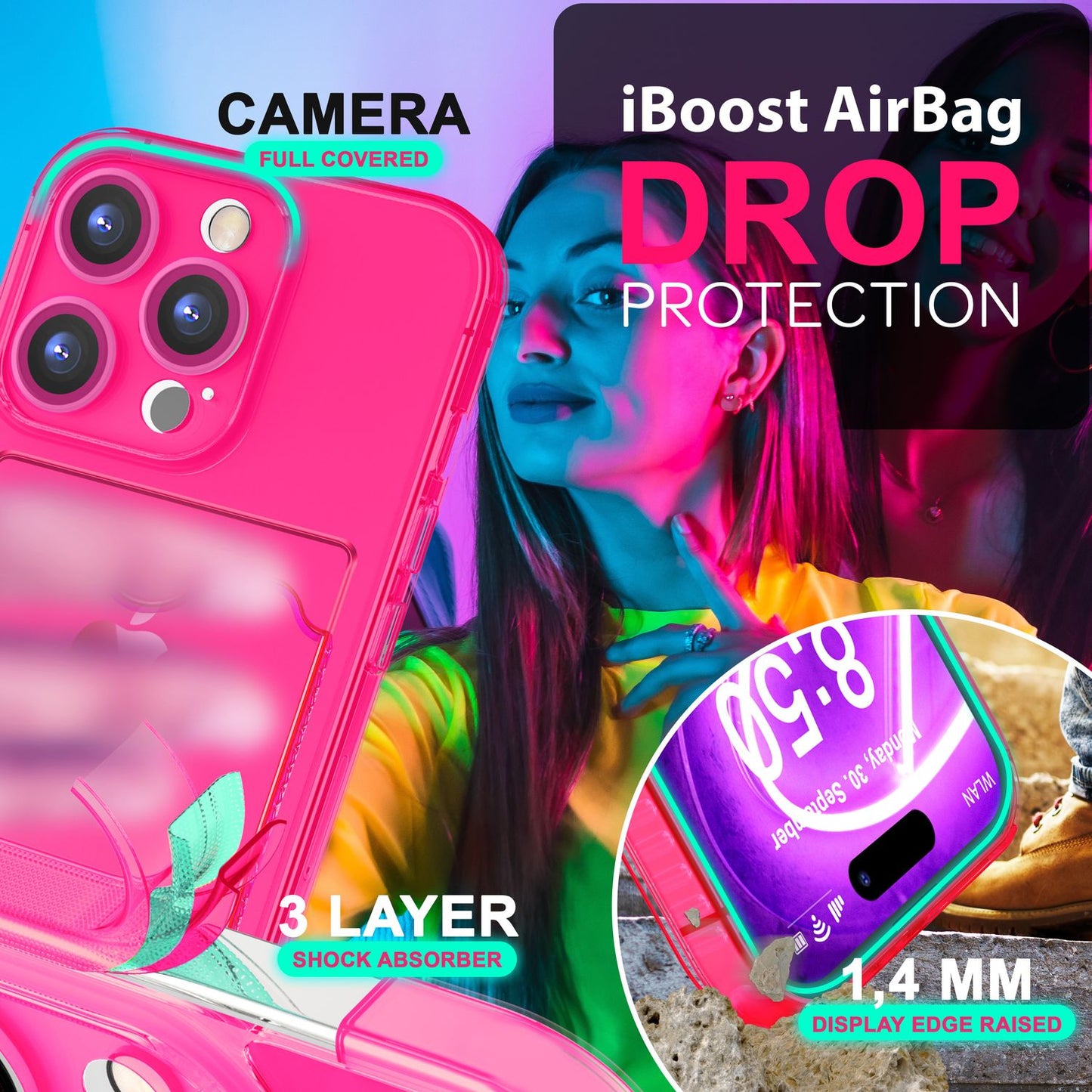 NALIA Klare Neon Hülle mit Kartenhalter für iPhone 16 Pro, Bunte Handyhülle mit Kartenfach, Silikon Durchsichtig