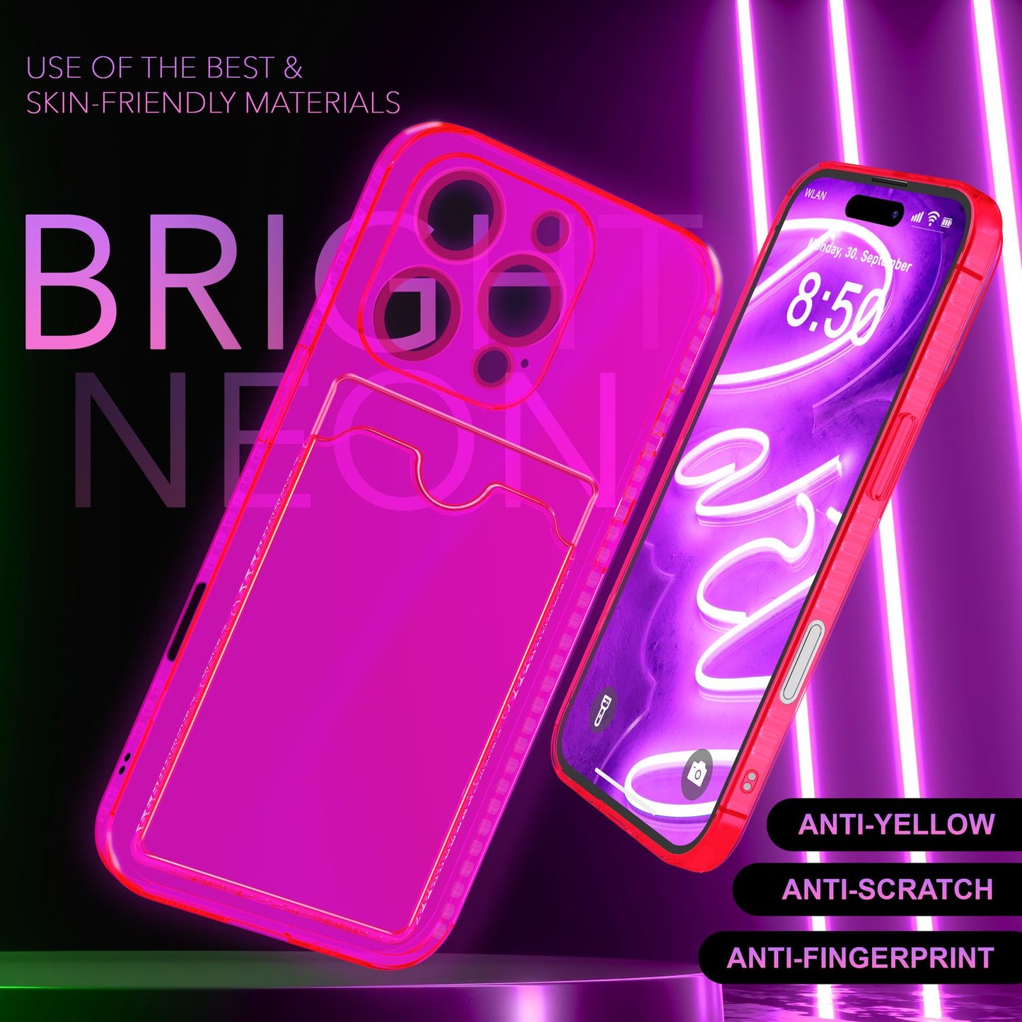 NALIA Klare Neon Hülle mit Kartenhalter für iPhone 16 Pro, Bunte Handyhülle mit Kartenfach, Silikon Durchsichtig