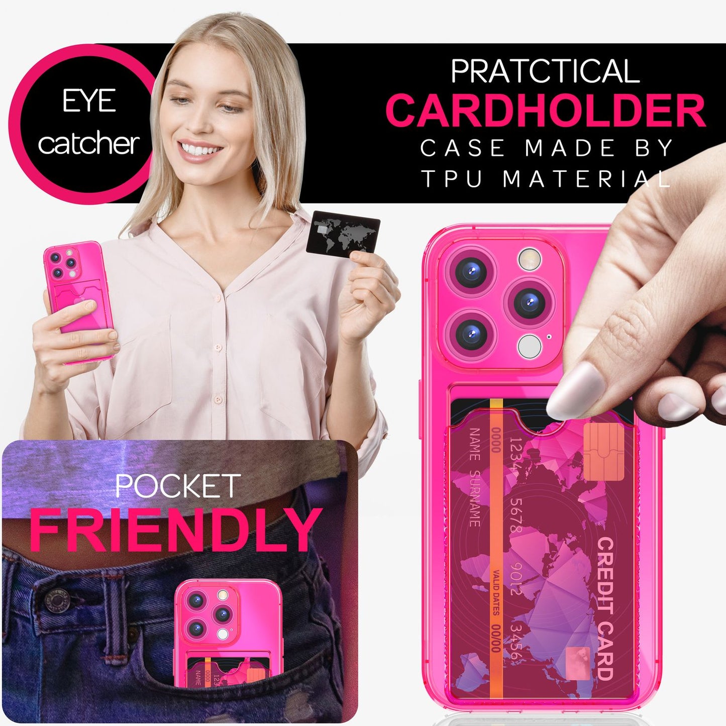 NALIA Klare Neon Hülle mit Kartenhalter für iPhone 16 Pro, Bunte Handyhülle mit Kartenfach, Silikon Durchsichtig