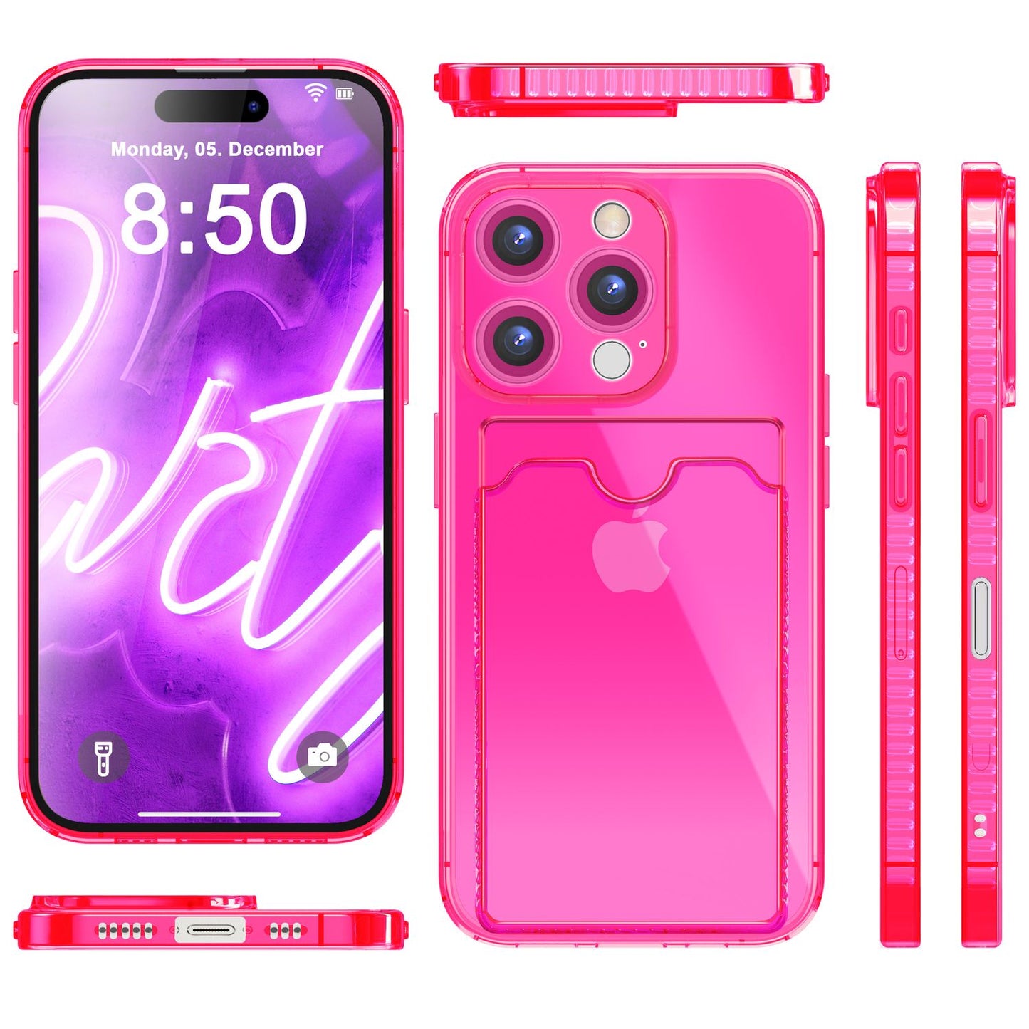 NALIA Klare Neon Hülle mit Kartenhalter für iPhone 16 Pro, Bunte Handyhülle mit Kartenfach, Silikon Durchsichtig