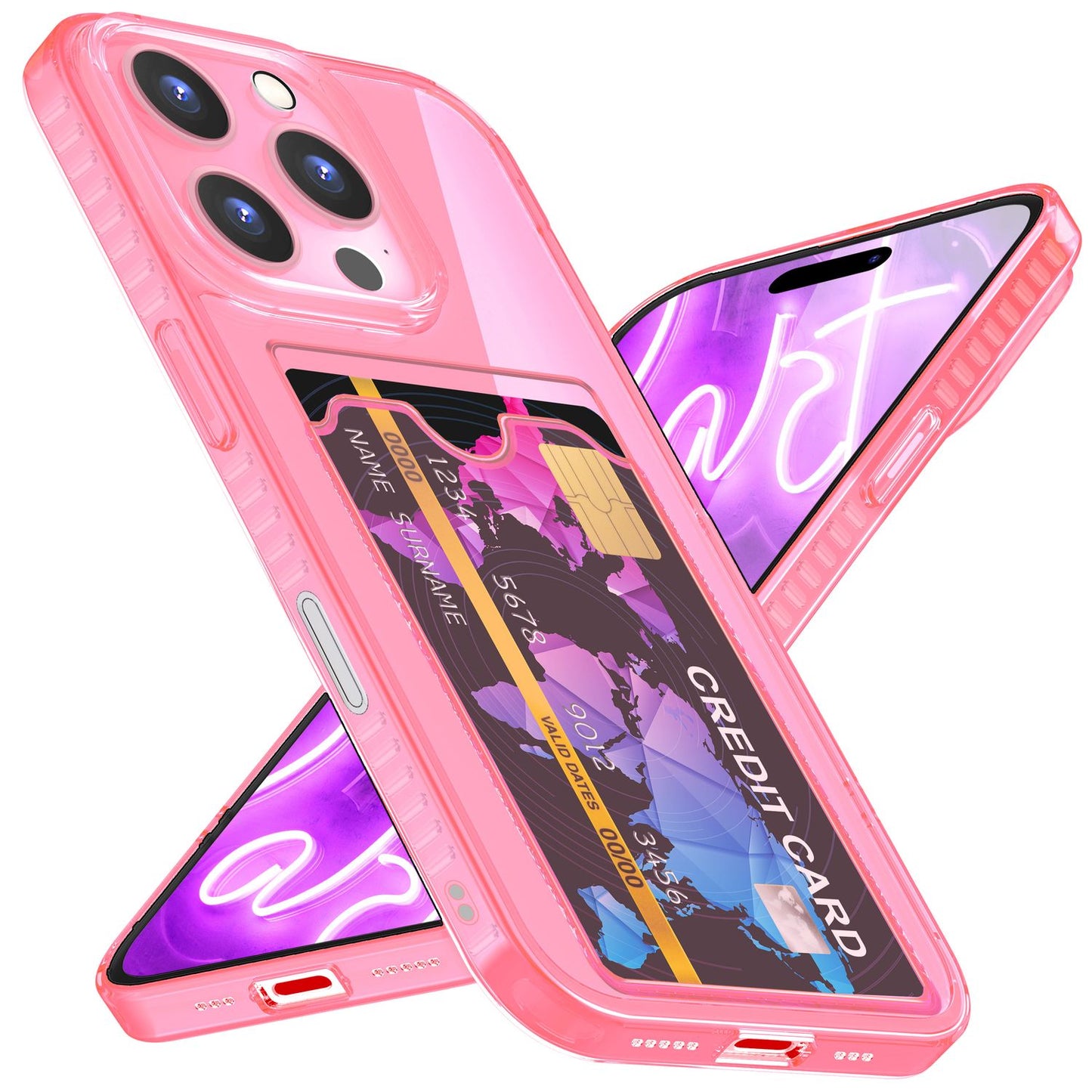 NALIA Klare Neon Hülle mit Kartenhalter für iPhone 16 Pro, Bunte Handyhülle mit Kartenfach, Silikon Durchsichtig