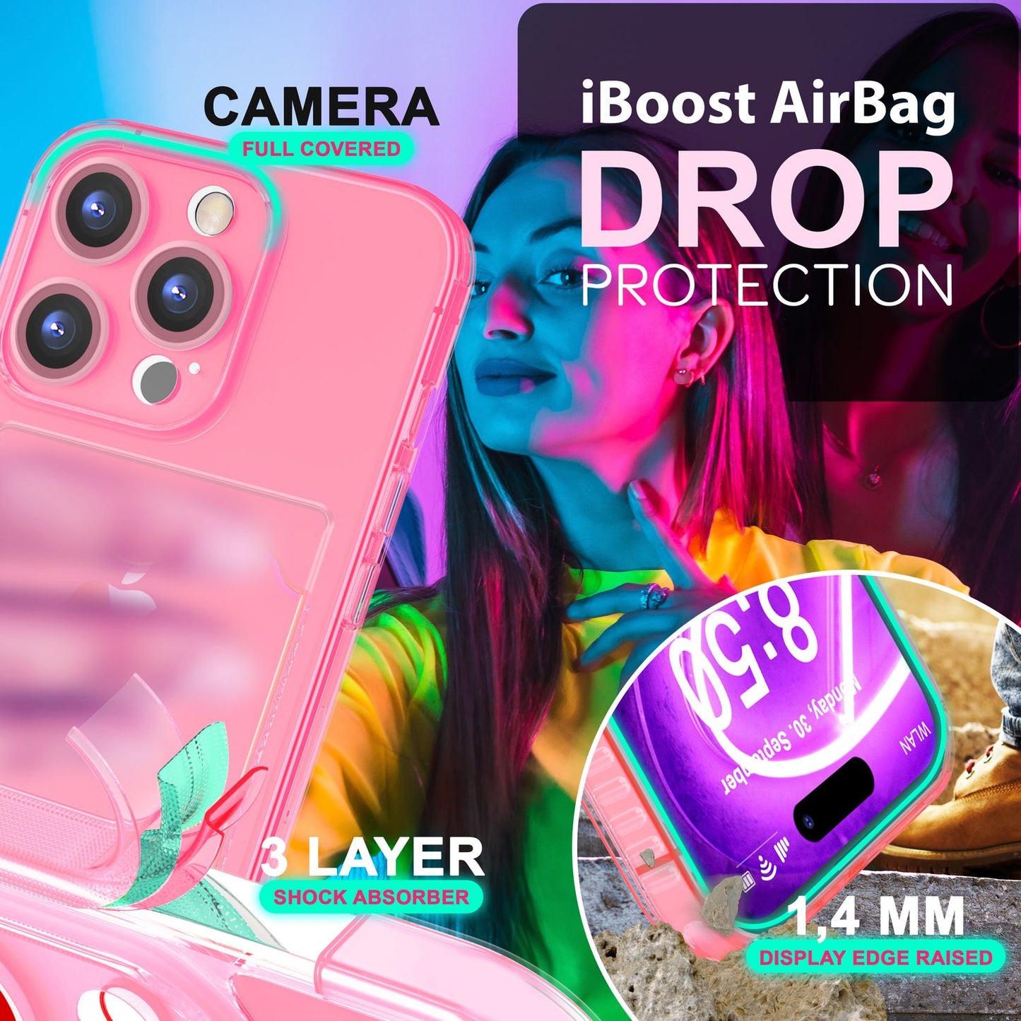 NALIA Klare Neon Hülle mit Kartenhalter für iPhone 16 Pro, Bunte Handyhülle mit Kartenfach, Silikon Durchsichtig