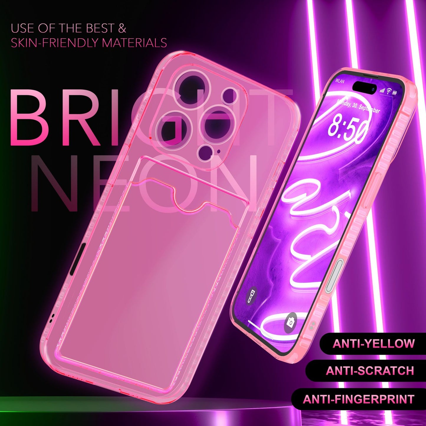 NALIA Klare Neon Hülle mit Kartenhalter für iPhone 16 Pro, Bunte Handyhülle mit Kartenfach, Silikon Durchsichtig