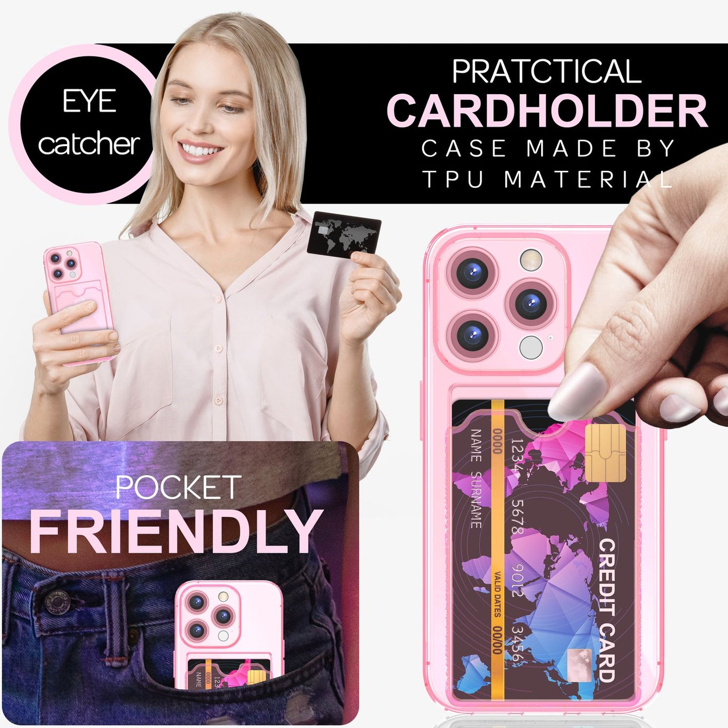 NALIA Klare Neon Hülle mit Kartenhalter für iPhone 16 Pro, Bunte Handyhülle mit Kartenfach, Silikon Durchsichtig