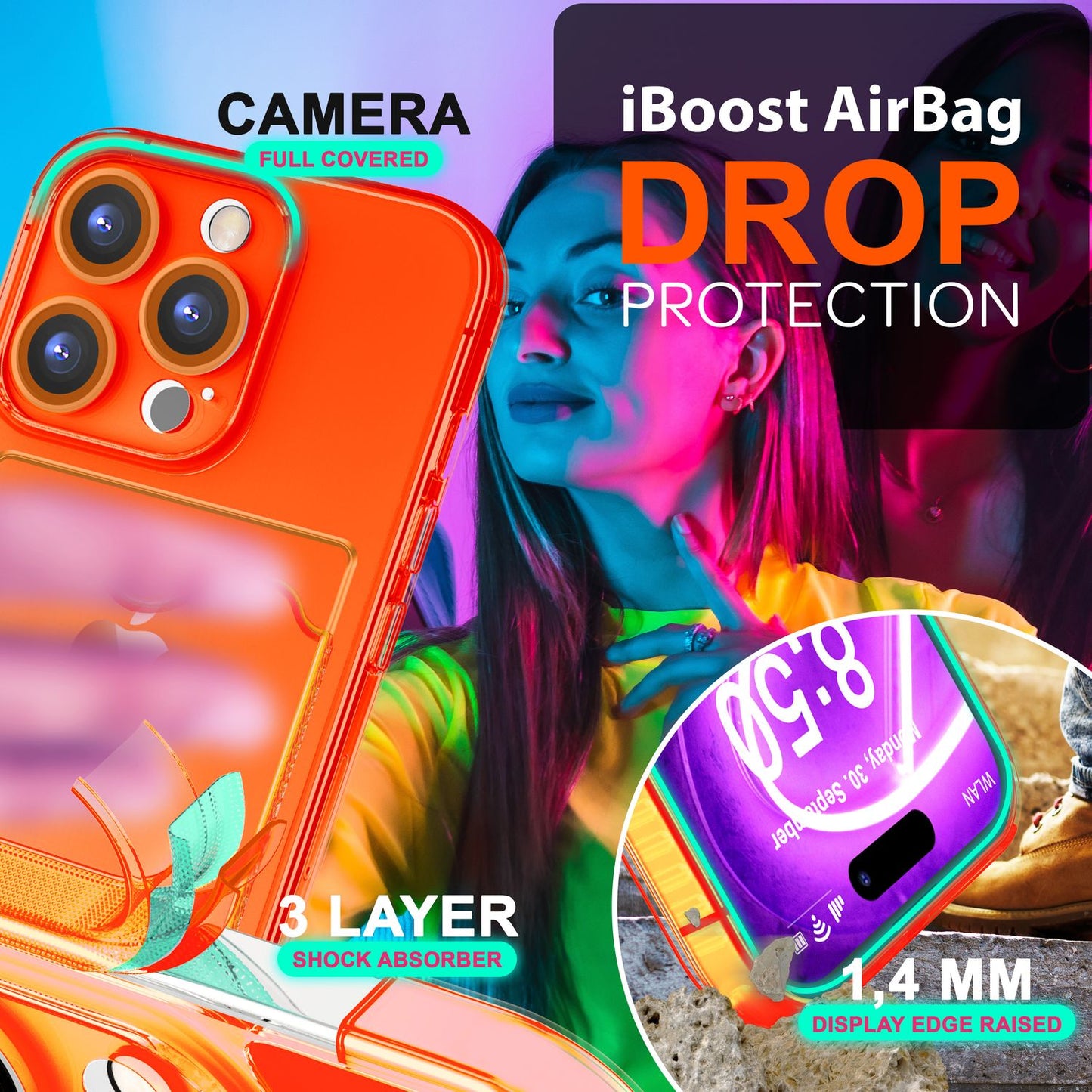 NALIA Klare Neon Hülle mit Kartenhalter für iPhone 16 Pro, Bunte Handyhülle mit Kartenfach, Silikon Durchsichtig