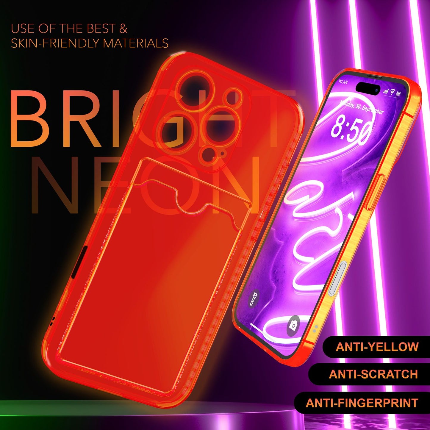 NALIA Klare Neon Hülle mit Kartenhalter für iPhone 16 Pro, Bunte Handyhülle mit Kartenfach, Silikon Durchsichtig