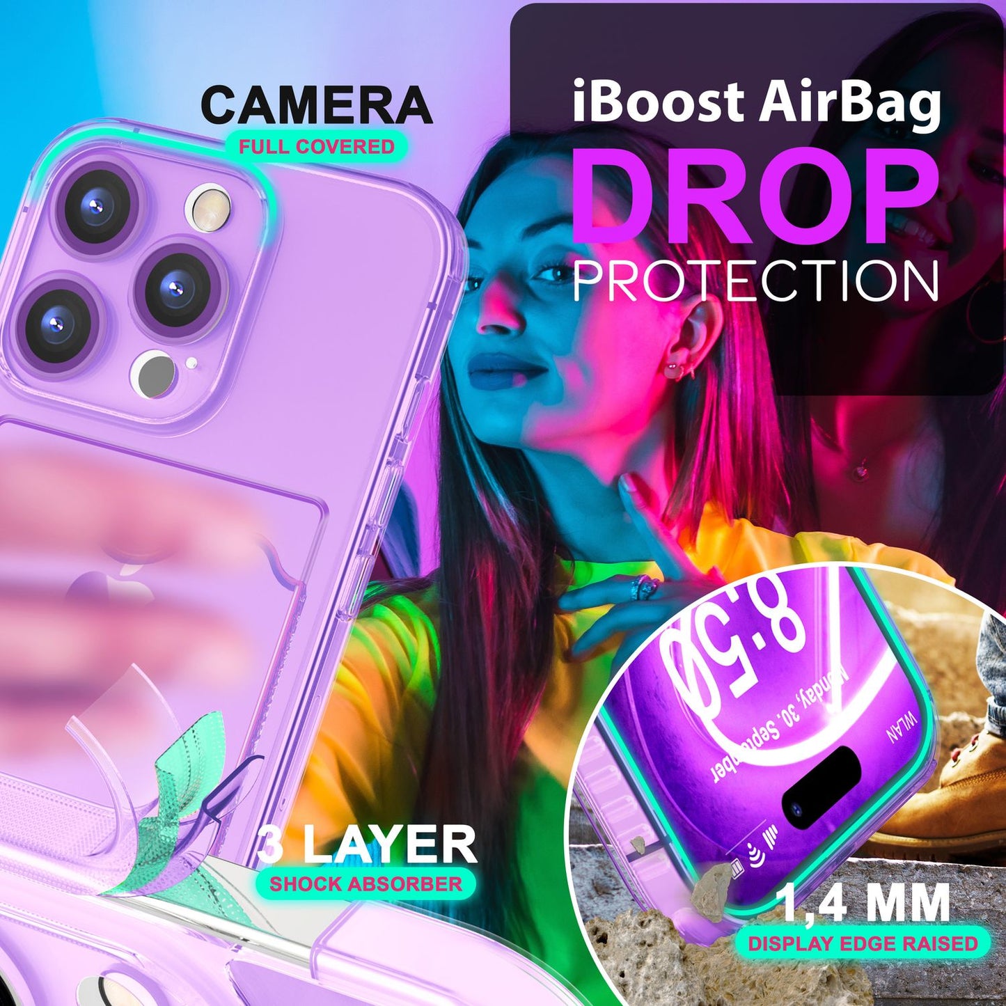 NALIA Klare Neon Hülle mit Kartenhalter für iPhone 16 Pro, Bunte Handyhülle mit Kartenfach, Silikon Durchsichtig