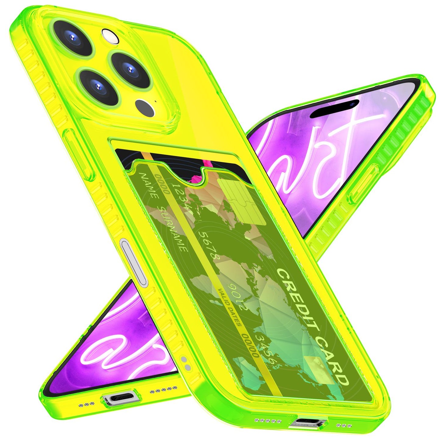 NALIA Klare Neon Hülle mit Kartenhalter für iPhone 16 Pro, Bunte Handyhülle mit Kartenfach, Silikon Durchsichtig