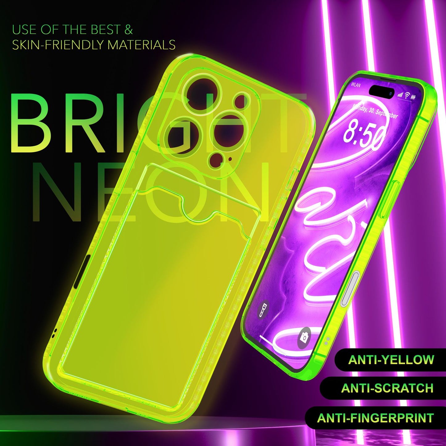 NALIA Klare Neon Hülle mit Kartenhalter für iPhone 16 Pro, Bunte Handyhülle mit Kartenfach, Silikon Durchsichtig