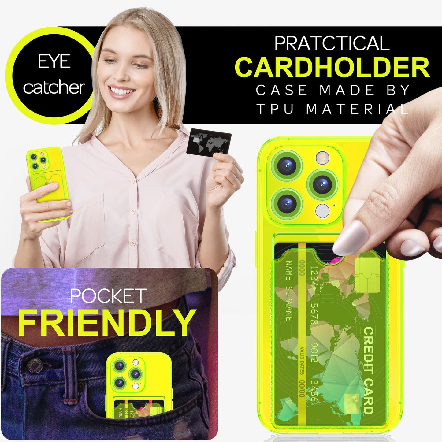 NALIA Klare Neon Hülle mit Kartenhalter für iPhone 16 Pro, Bunte Handyhülle mit Kartenfach, Silikon Durchsichtig