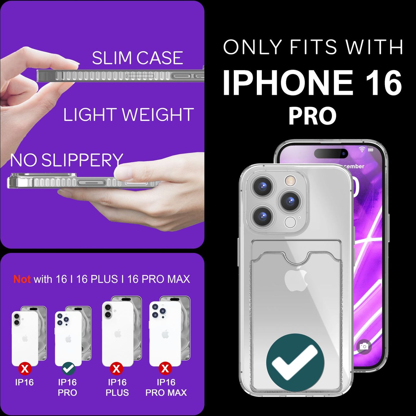 NALIA Klare Neon Hülle mit Kartenhalter für iPhone 16 Pro, Bunte Handyhülle mit Kartenfach, Silikon Durchsichtig