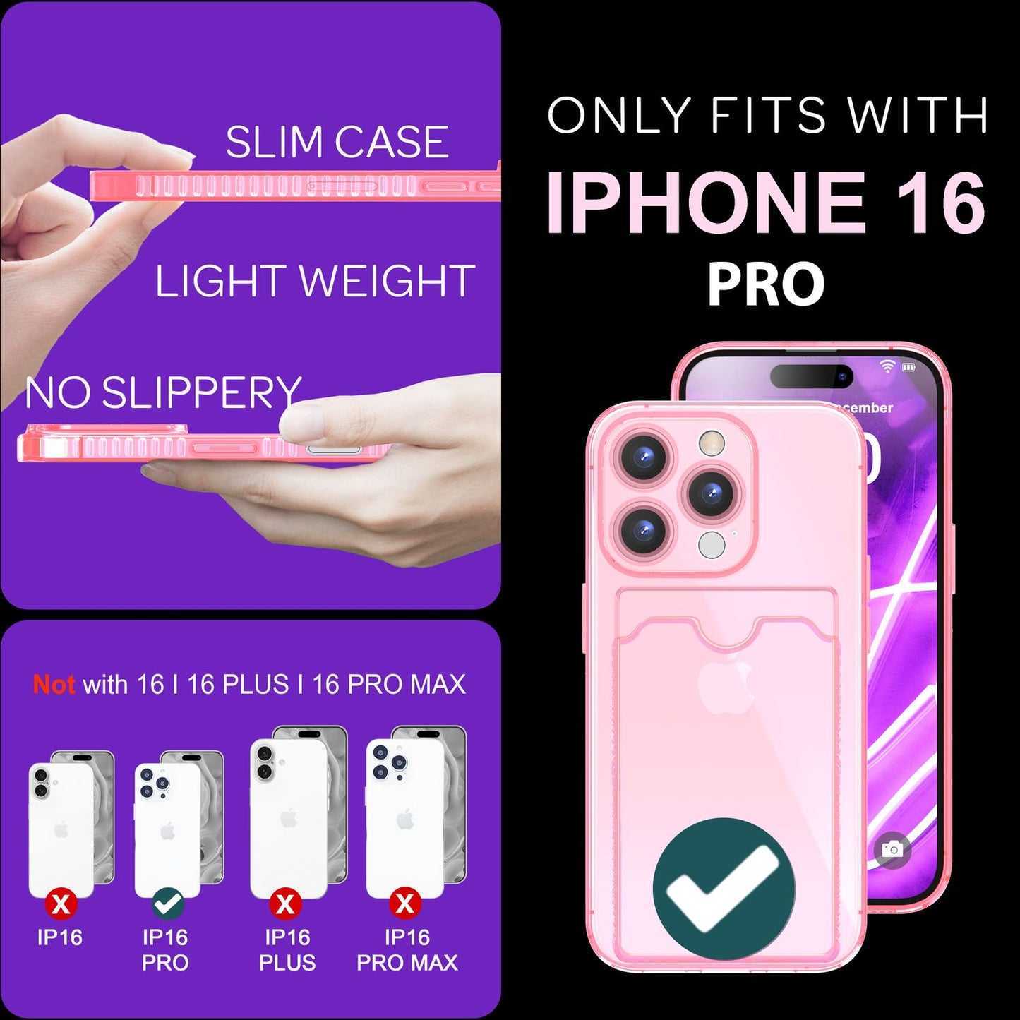 NALIA Klare Neon Hülle mit Kartenhalter für iPhone 16 Pro, Bunte Handyhülle mit Kartenfach, Silikon Durchsichtig