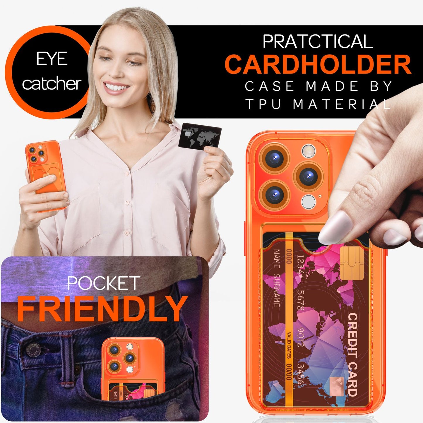 NALIA Klare Neon Hülle mit Kartenhalter für iPhone 16 Pro, Bunte Handyhülle mit Kartenfach, Silikon Durchsichtig