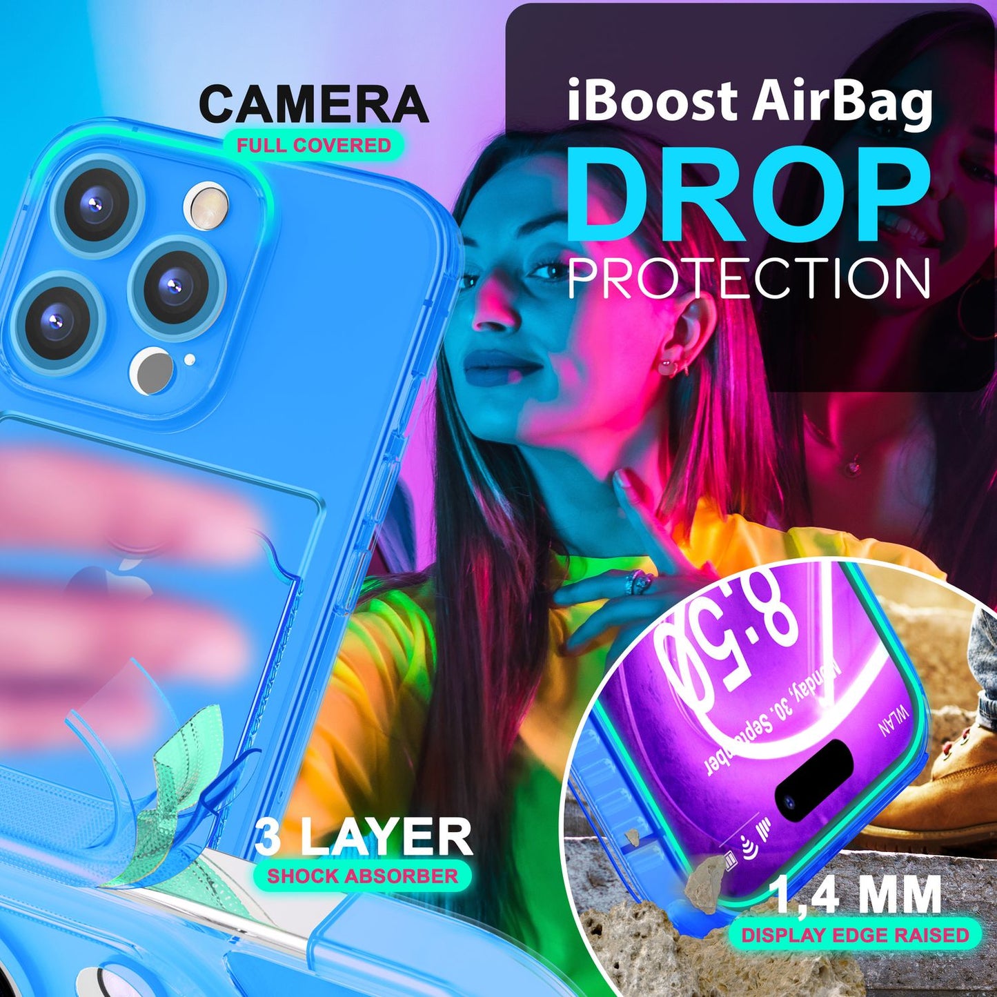 Husă NALIA transparentă neon pentru carduri - Capacitate 2 carduri, Dimensiuni compatibile cu iPhone 16 Pro Max, Culoare neon transparent