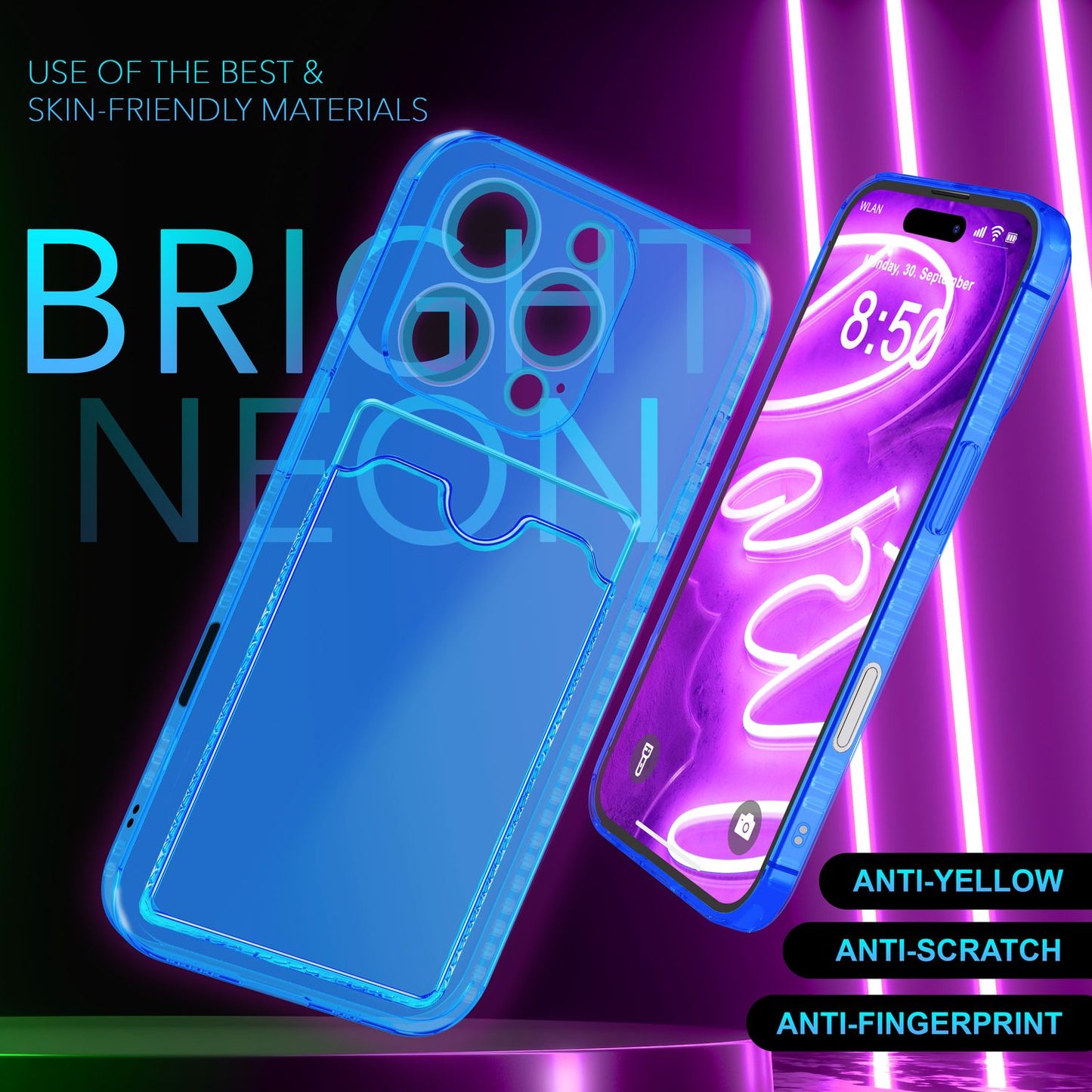 Husă NALIA transparentă neon pentru carduri - Capacitate 2 carduri, Dimensiuni compatibile cu iPhone 16 Pro Max, Culoare neon transparent