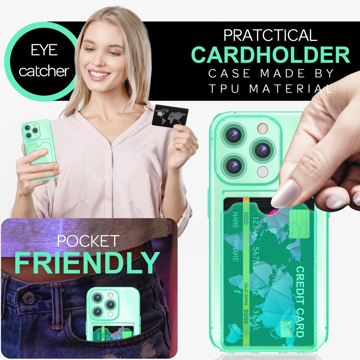 Husă NALIA transparentă neon pentru carduri - Capacitate 2 carduri, Dimensiuni compatibile cu iPhone 16 Pro Max, Culoare neon transparent