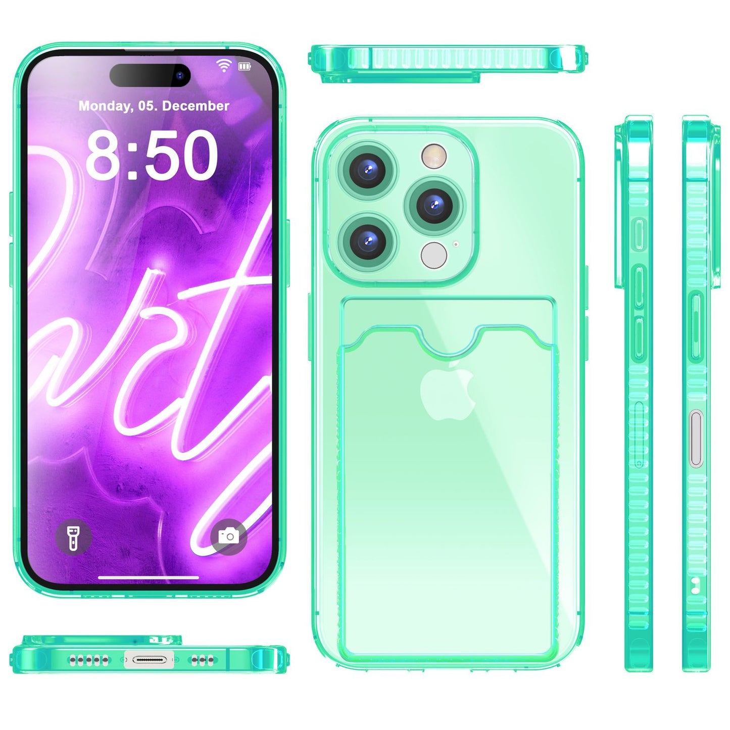 Husă NALIA transparentă neon pentru carduri - Capacitate 2 carduri, Dimensiuni compatibile cu iPhone 16 Pro Max, Culoare neon transparent
