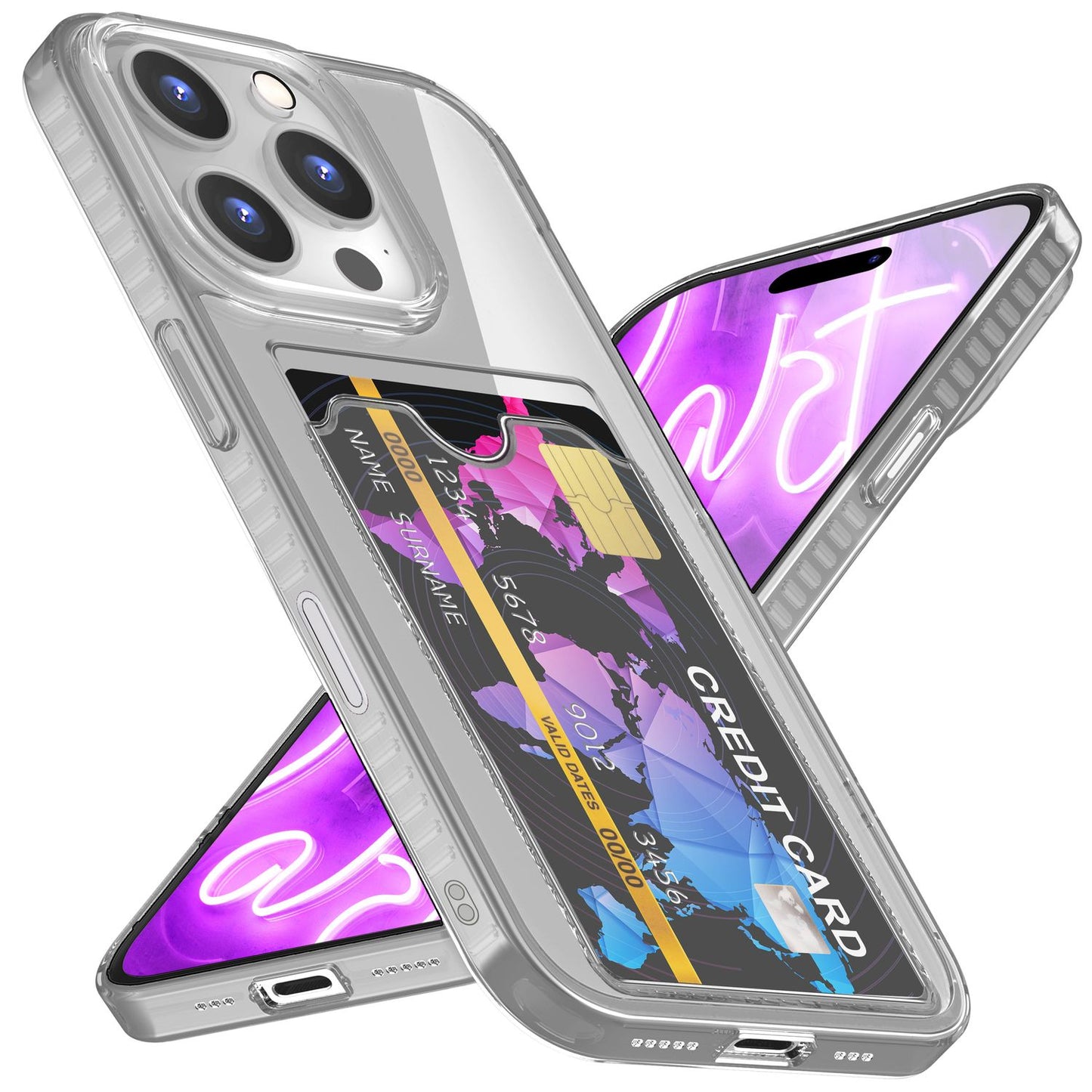Husă NALIA transparentă neon pentru carduri - Capacitate 2 carduri, Dimensiuni compatibile cu iPhone 16 Pro Max, Culoare neon transparent