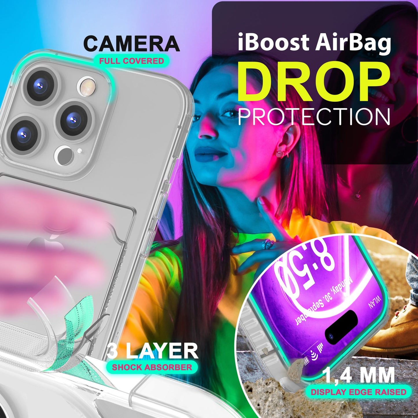 Husă NALIA transparentă neon pentru carduri - Capacitate 2 carduri, Dimensiuni compatibile cu iPhone 16 Pro Max, Culoare neon transparent