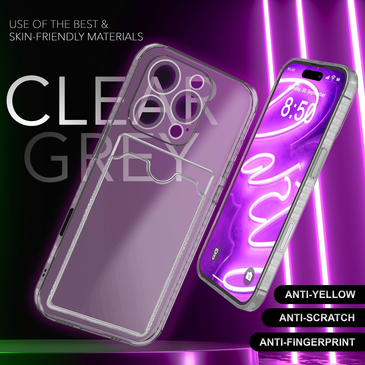 Husă NALIA transparentă neon pentru carduri - Capacitate 2 carduri, Dimensiuni compatibile cu iPhone 16 Pro Max, Culoare neon transparent