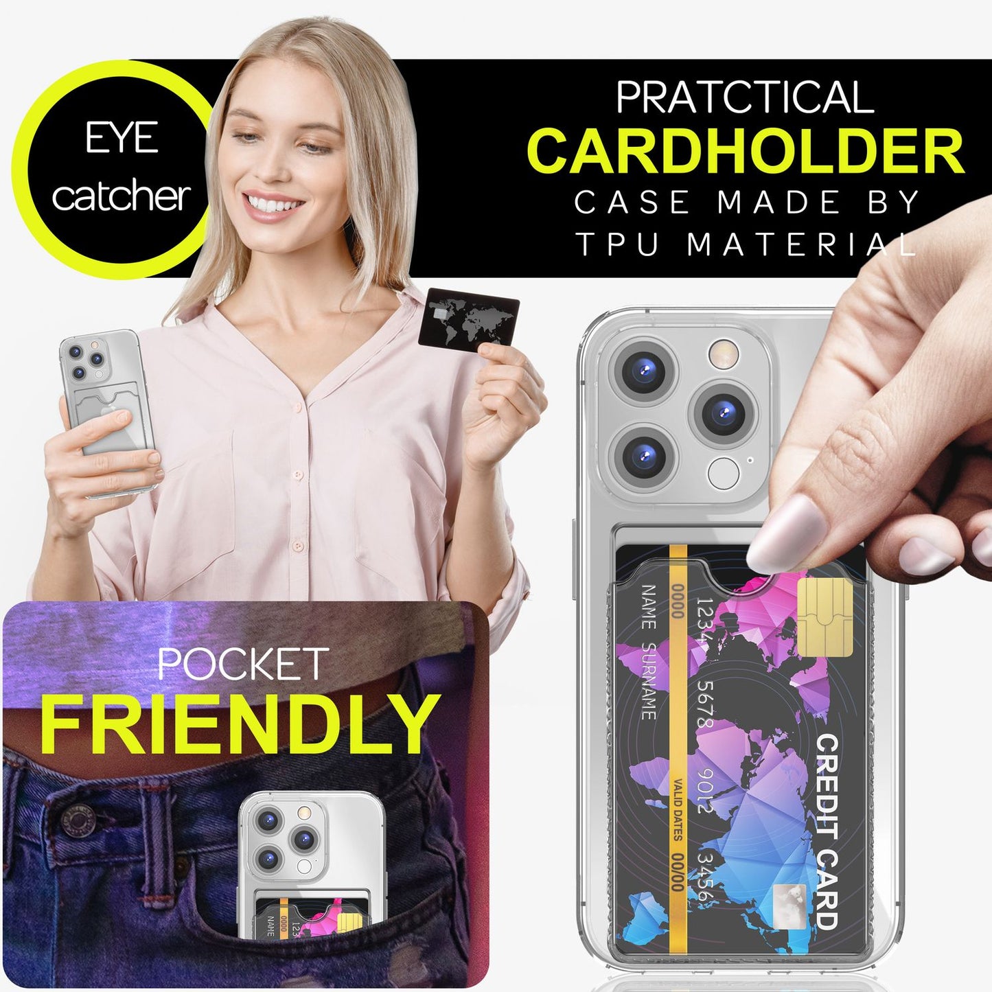 Husă NALIA transparentă neon pentru carduri - Capacitate 2 carduri, Dimensiuni compatibile cu iPhone 16 Pro Max, Culoare neon transparent