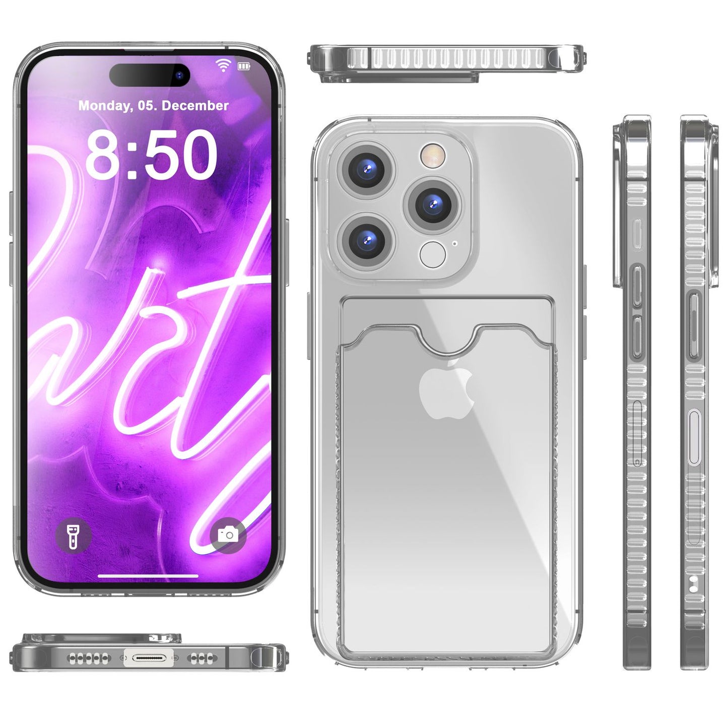 Husă NALIA transparentă neon pentru carduri - Capacitate 2 carduri, Dimensiuni compatibile cu iPhone 16 Pro Max, Culoare neon transparent
