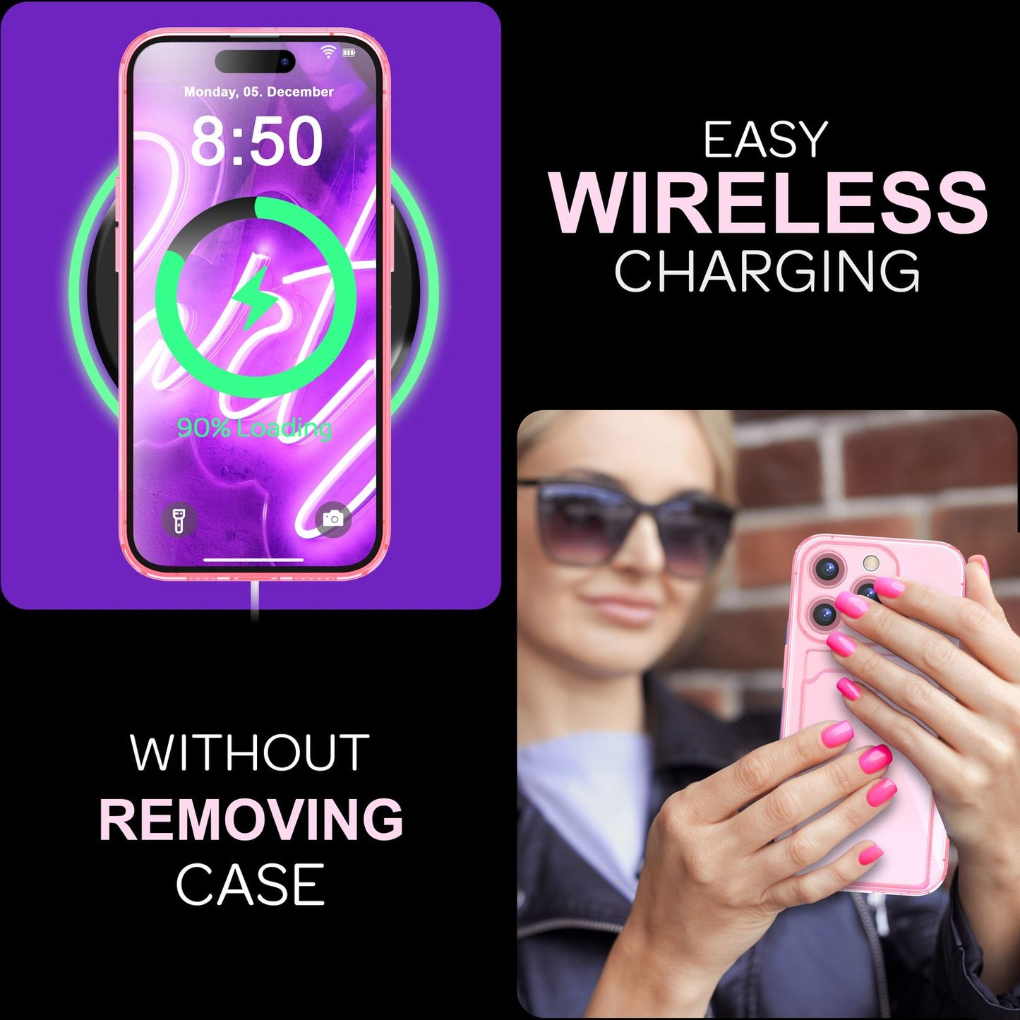 Husă NALIA transparentă neon pentru carduri - Capacitate 2 carduri, Dimensiuni compatibile cu iPhone 16 Pro Max, Culoare neon transparent