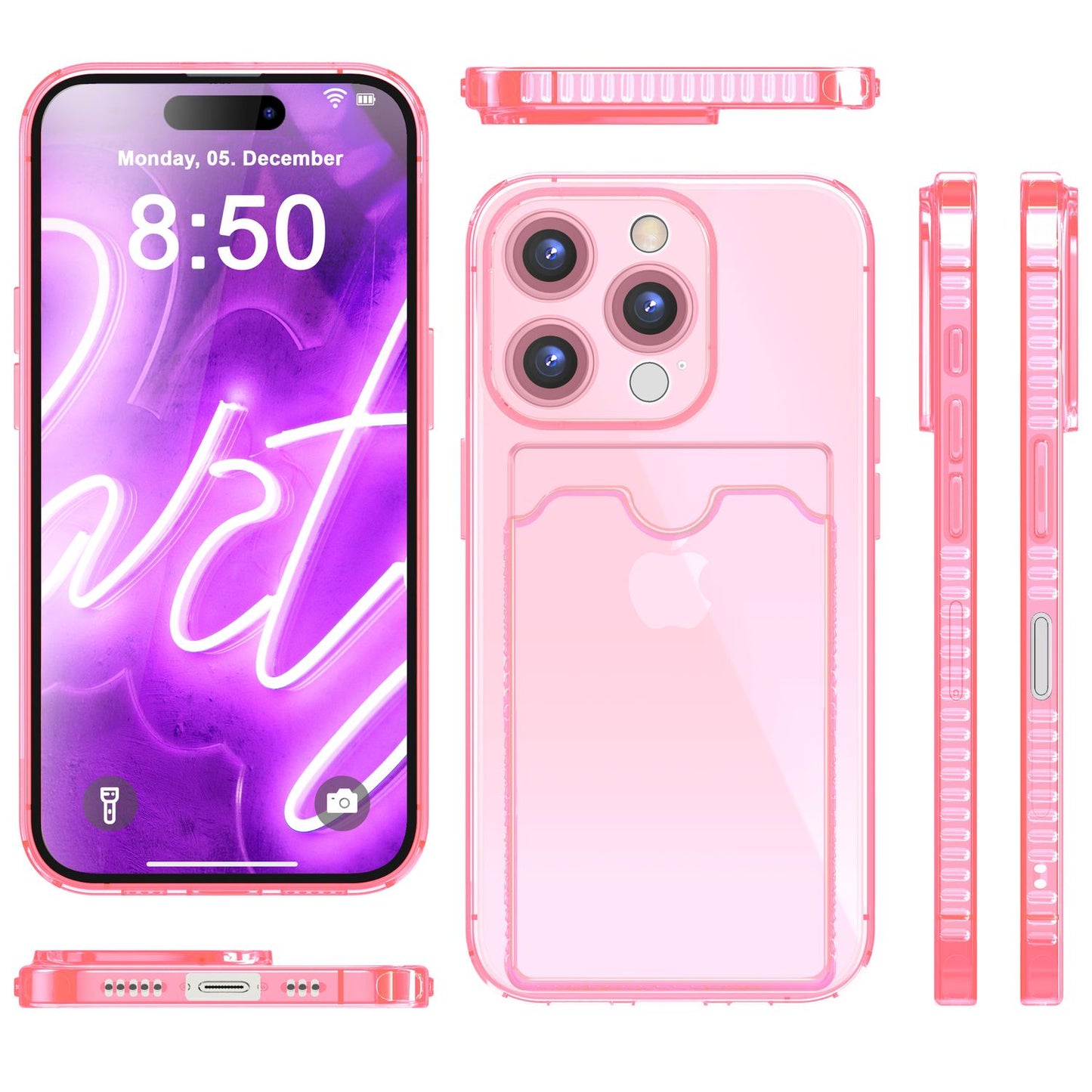 Husă NALIA transparentă neon pentru carduri - Capacitate 2 carduri, Dimensiuni compatibile cu iPhone 16 Pro Max, Culoare neon transparent