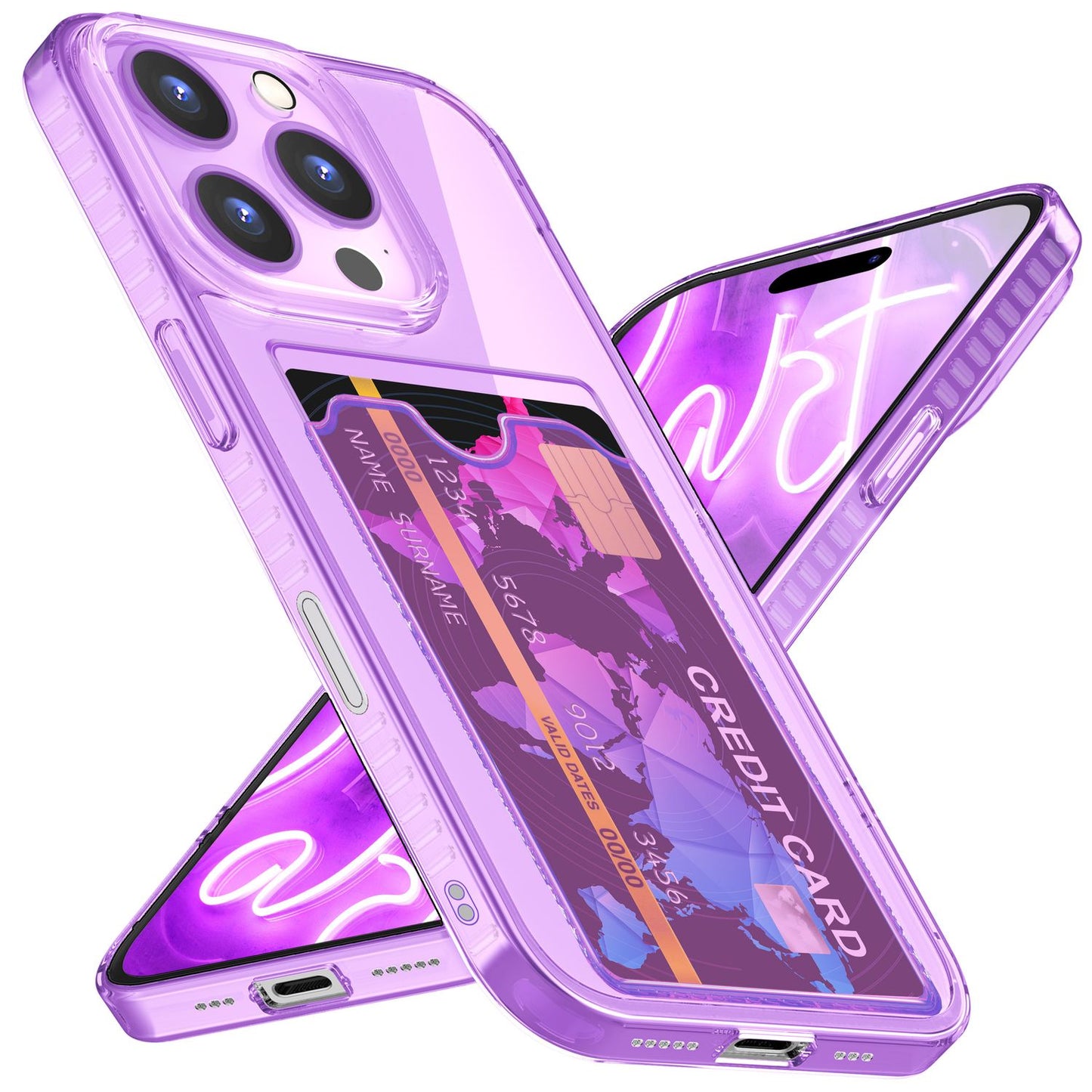 Husă NALIA transparentă neon pentru carduri - Capacitate 2 carduri, Dimensiuni compatibile cu iPhone 16 Pro Max, Culoare neon transparent