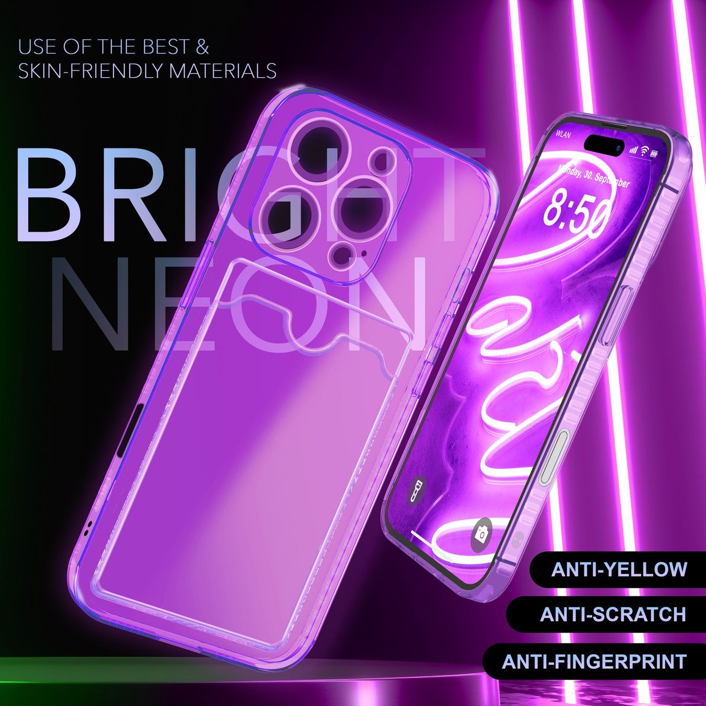 Husă NALIA transparentă neon pentru carduri - Capacitate 2 carduri, Dimensiuni compatibile cu iPhone 16 Pro Max, Culoare neon transparent