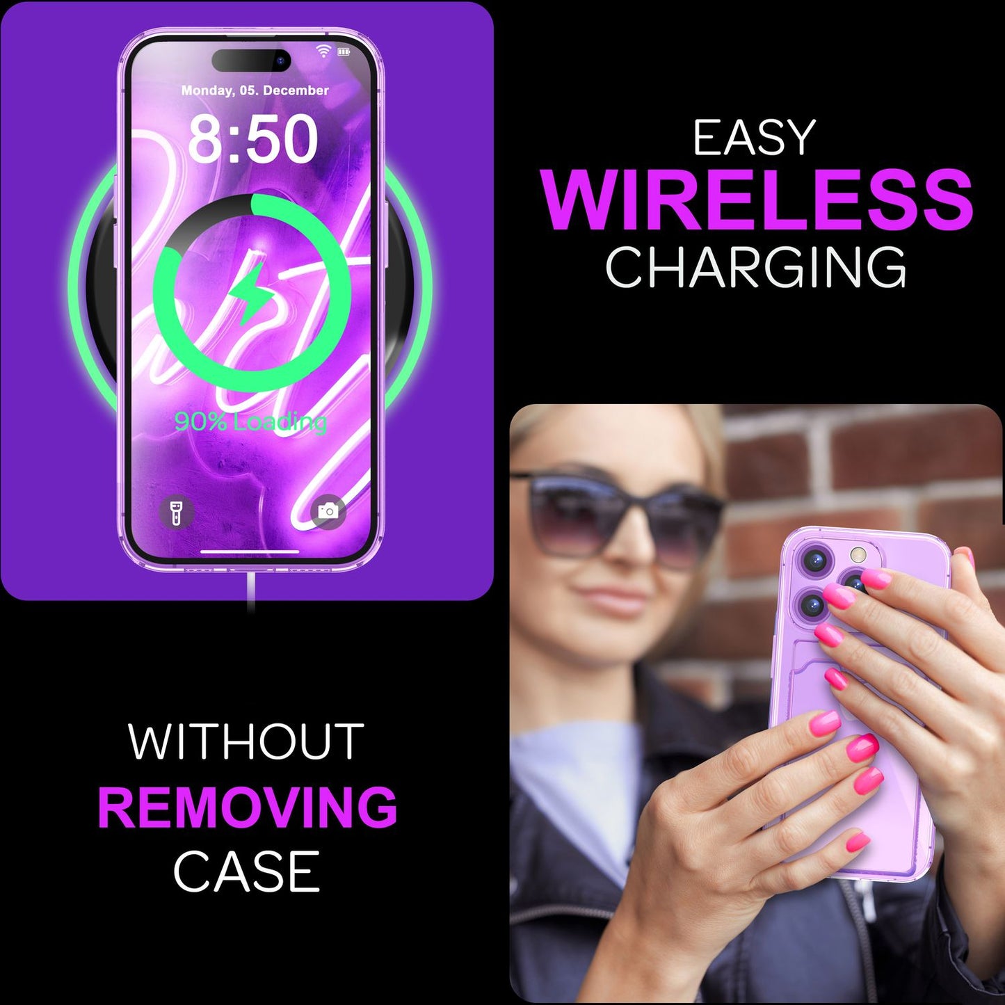 Husă NALIA transparentă neon pentru carduri - Capacitate 2 carduri, Dimensiuni compatibile cu iPhone 16 Pro Max, Culoare neon transparent