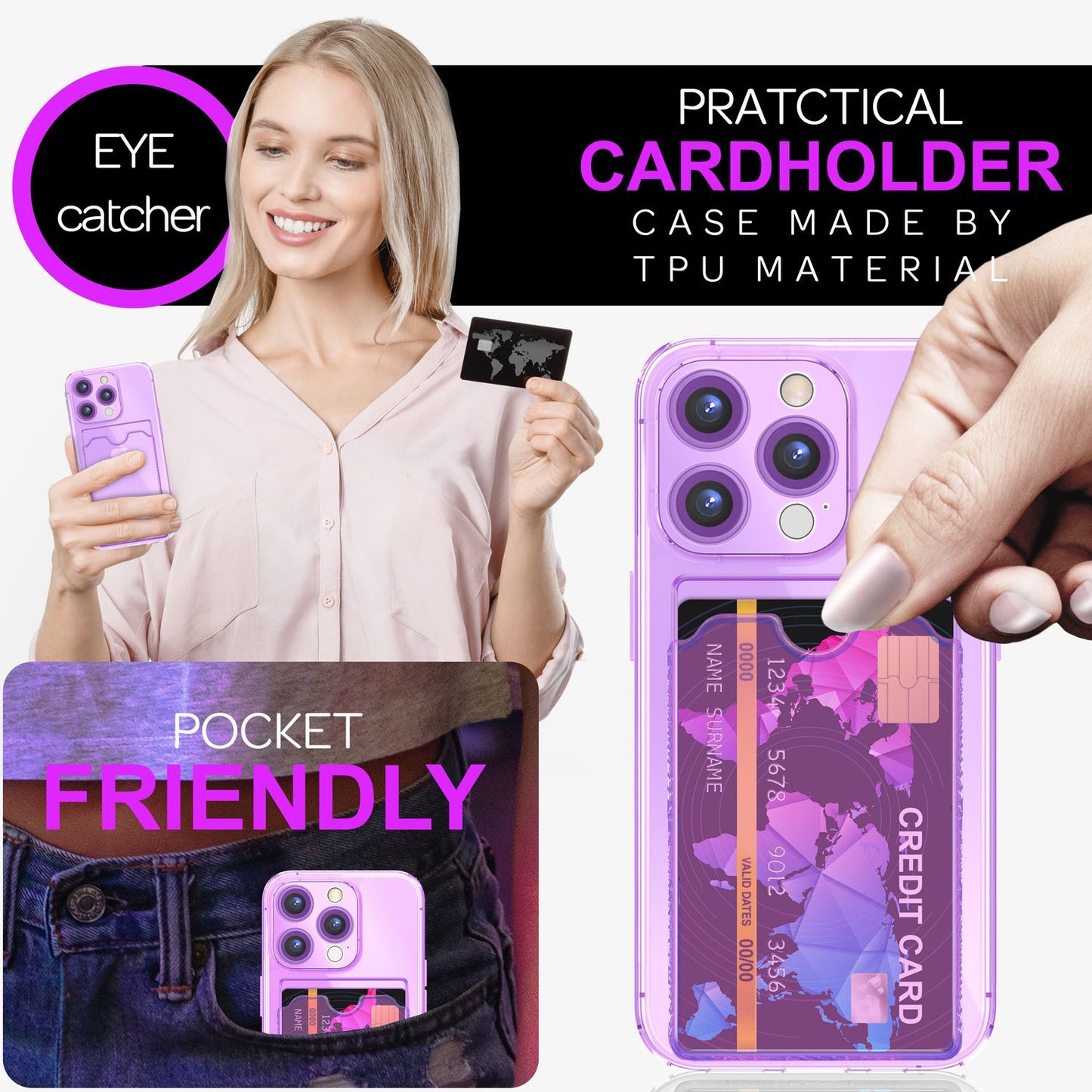 Husă NALIA transparentă neon pentru carduri - Capacitate 2 carduri, Dimensiuni compatibile cu iPhone 16 Pro Max, Culoare neon transparent