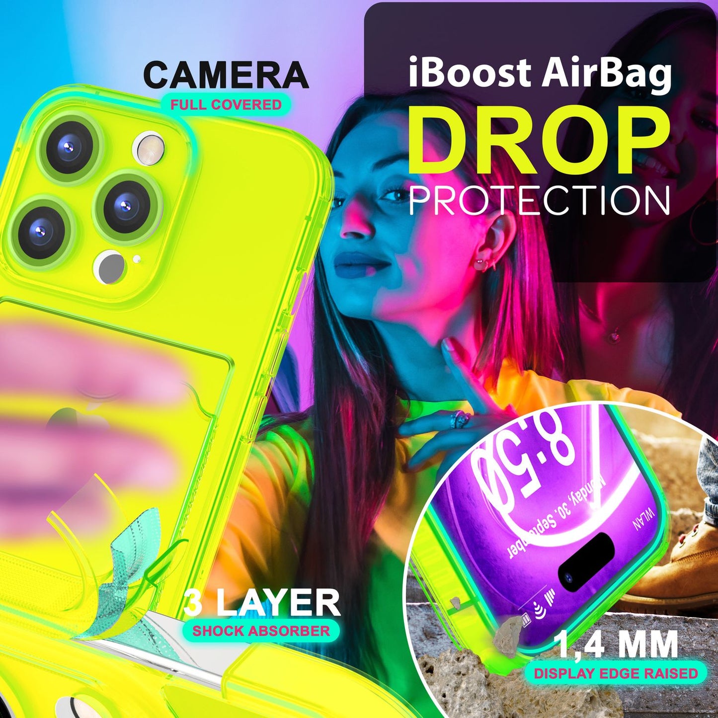 Husă NALIA transparentă neon pentru carduri - Capacitate 2 carduri, Dimensiuni compatibile cu iPhone 16 Pro Max, Culoare neon transparent