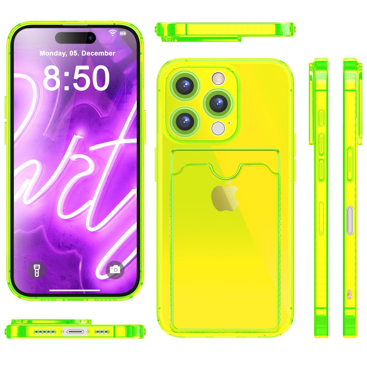 Husă NALIA transparentă neon pentru carduri - Capacitate 2 carduri, Dimensiuni compatibile cu iPhone 16 Pro Max, Culoare neon transparent