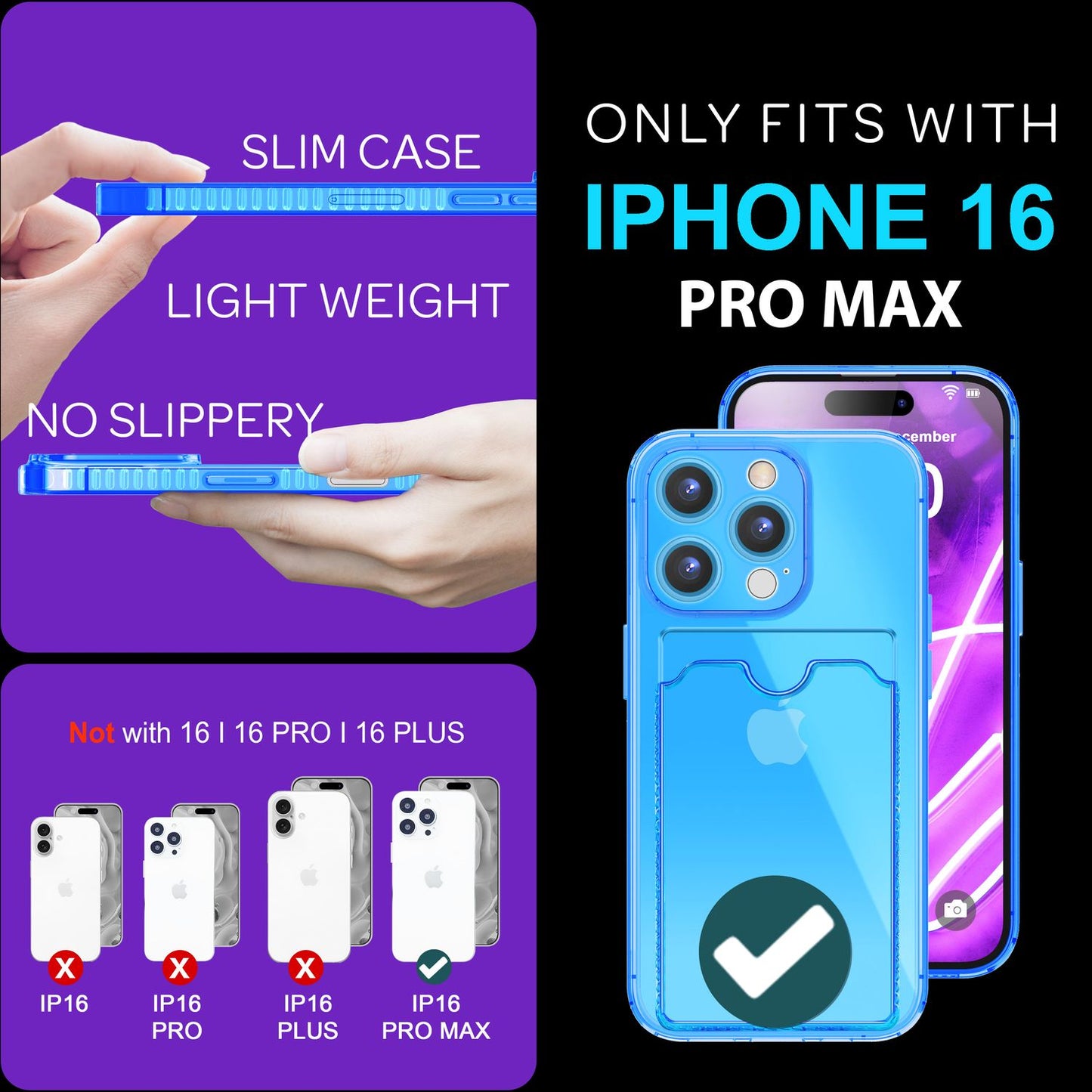 Husă NALIA transparentă neon pentru carduri - Capacitate 2 carduri, Dimensiuni compatibile cu iPhone 16 Pro Max, Culoare neon transparent