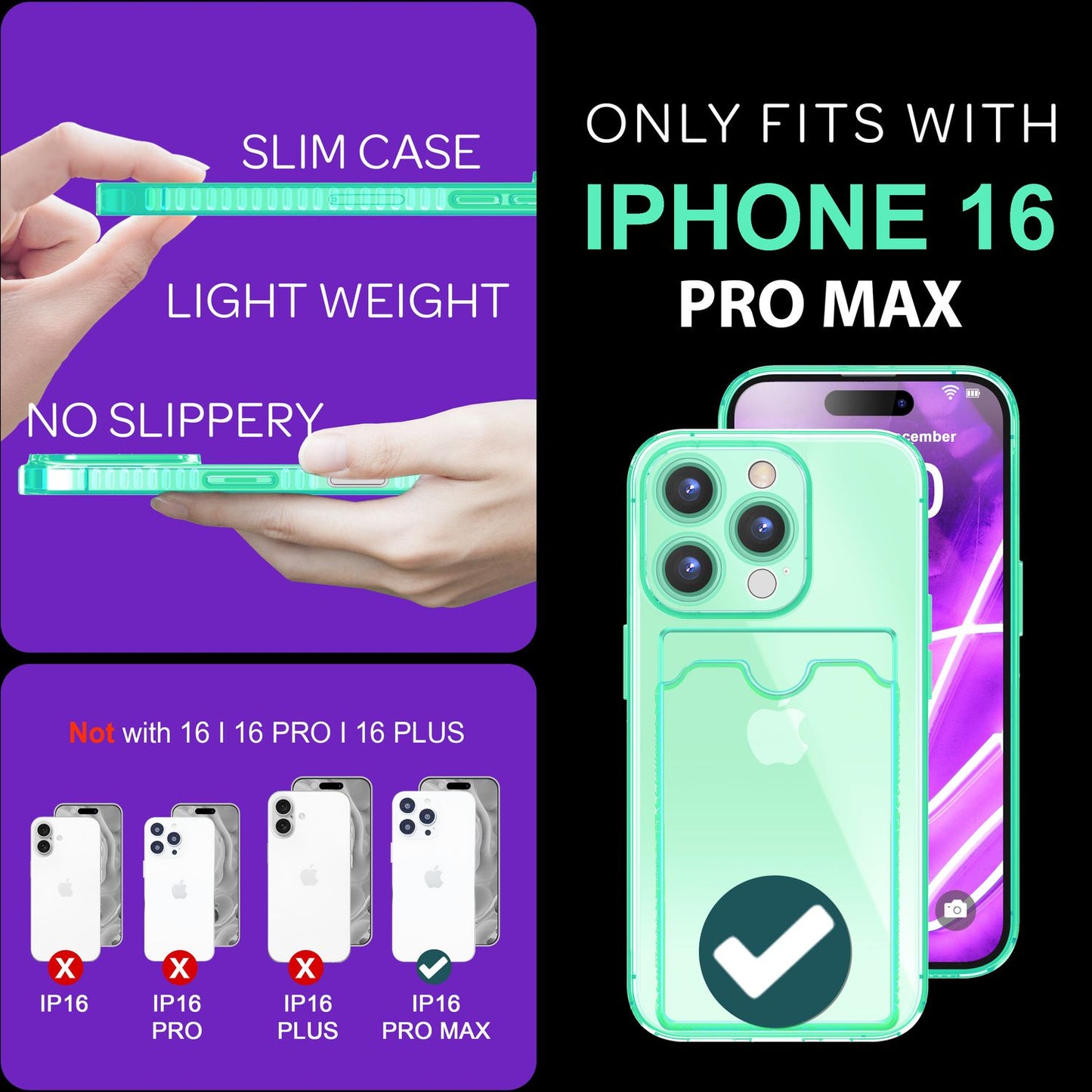 Husă NALIA transparentă neon pentru carduri - Capacitate 2 carduri, Dimensiuni compatibile cu iPhone 16 Pro Max, Culoare neon transparent